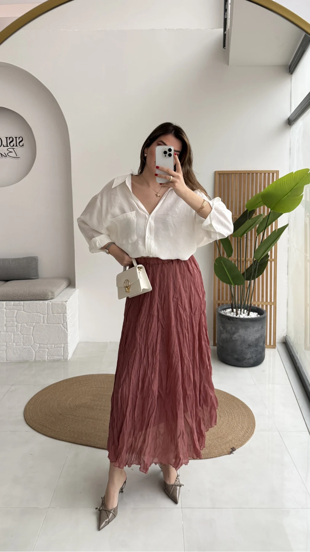 Astarlı Kırışık Beli Lastikli Etek - Gül Kurusu - Kod: 3207