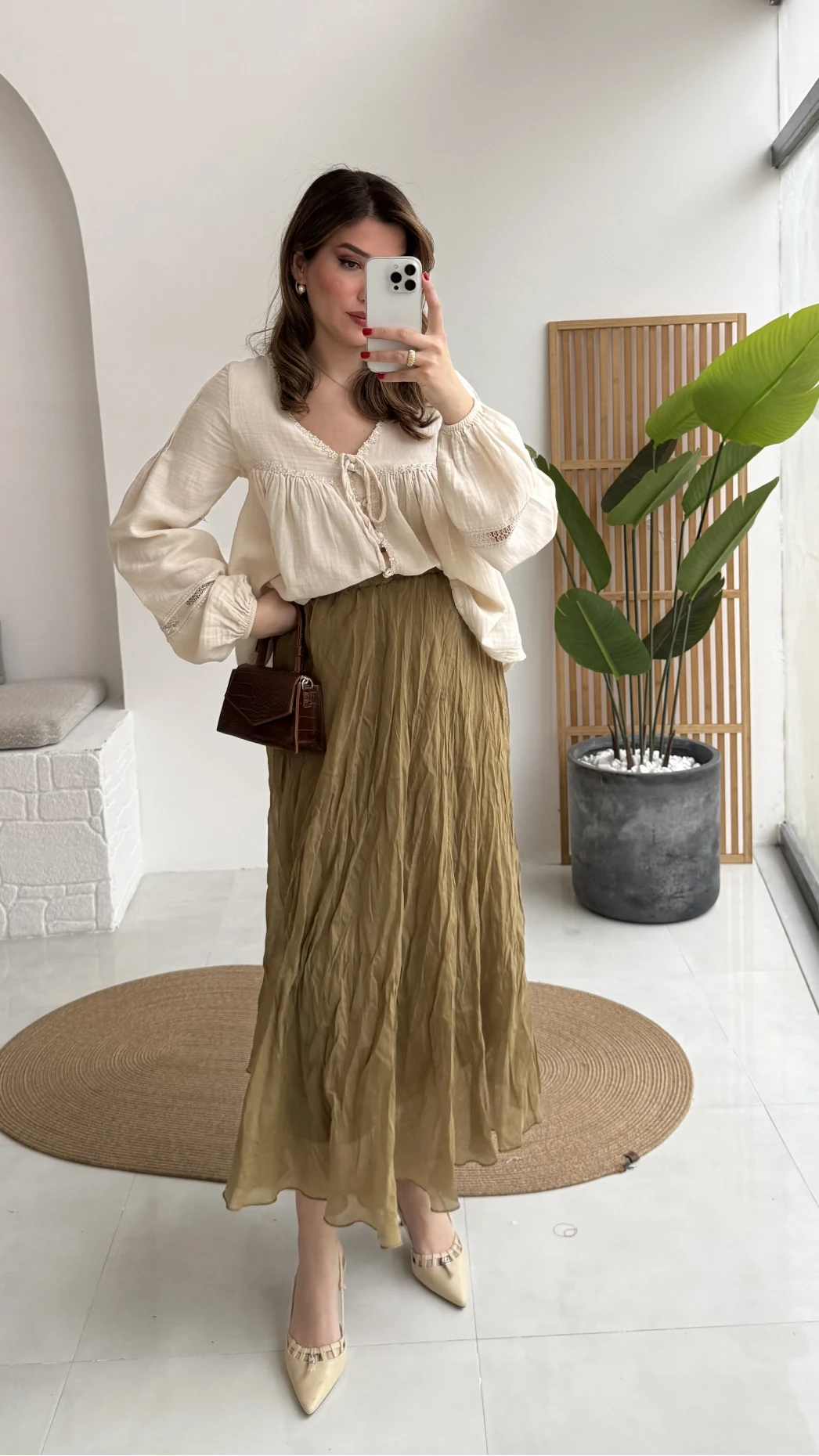 Astarlı Kırışık Beli Lastikli Etek - Olive - Kod: 3207