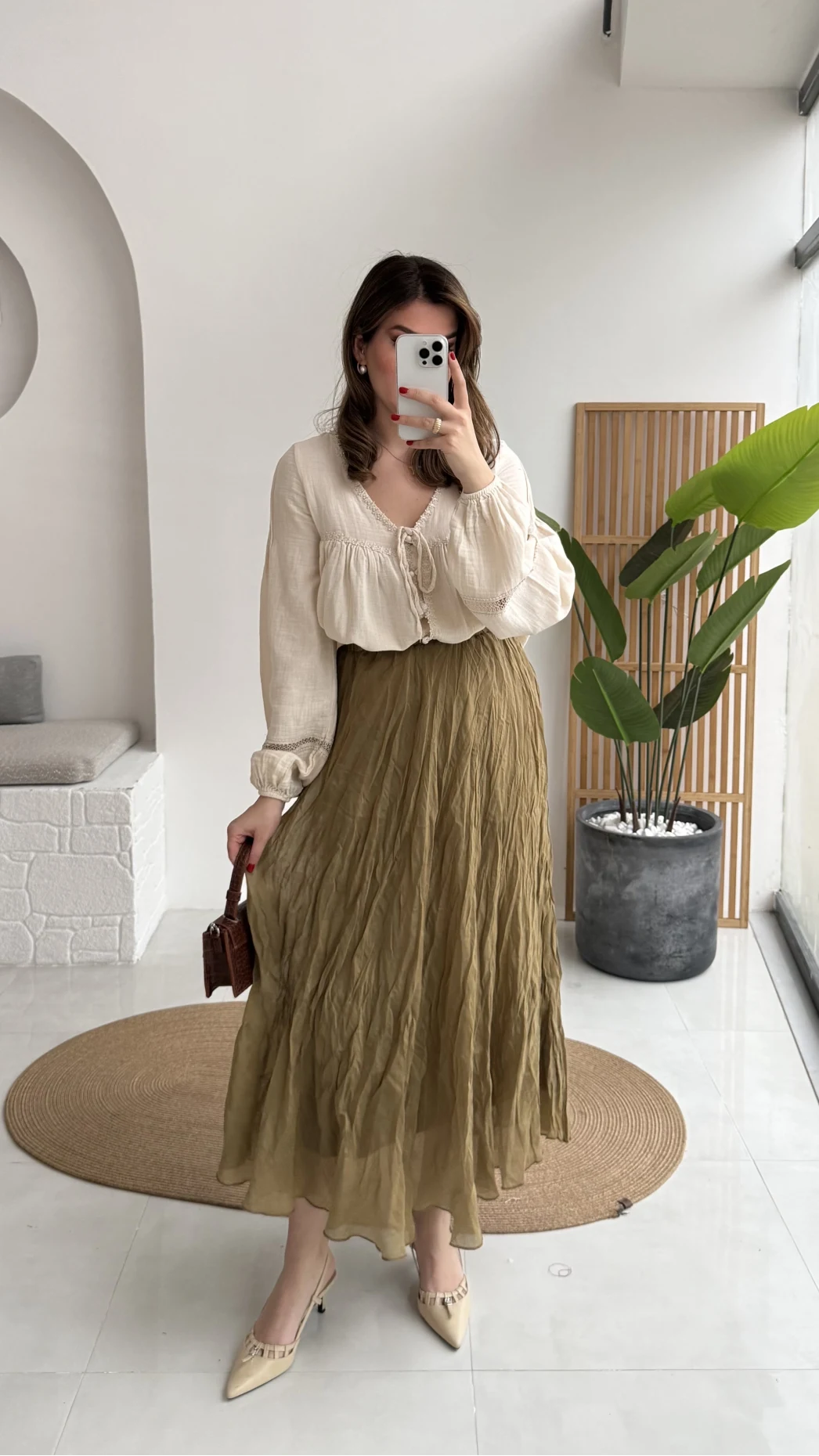 Astarlı Kırışık Beli Lastikli Etek - Olive - Kod: 3207