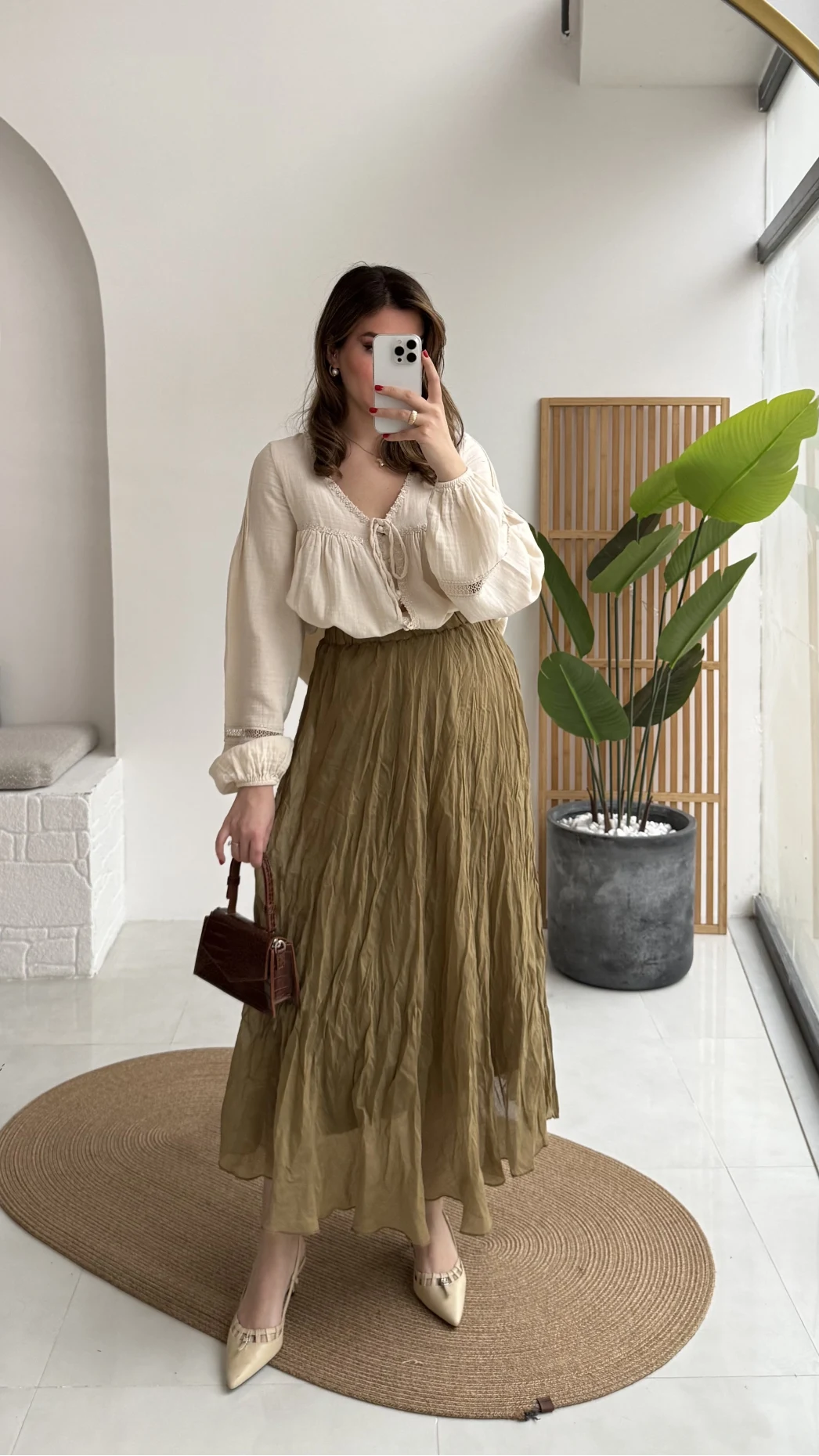 Astarlı Kırışık Beli Lastikli Etek - Olive - Kod: 3207