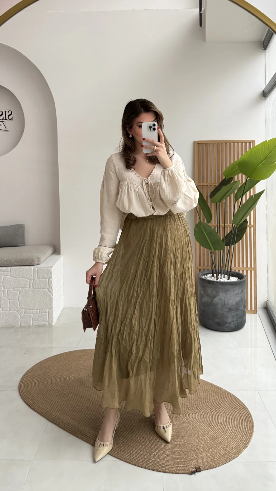 Astarlı Kırışık Beli Lastikli Etek - Olive - Kod: 3207