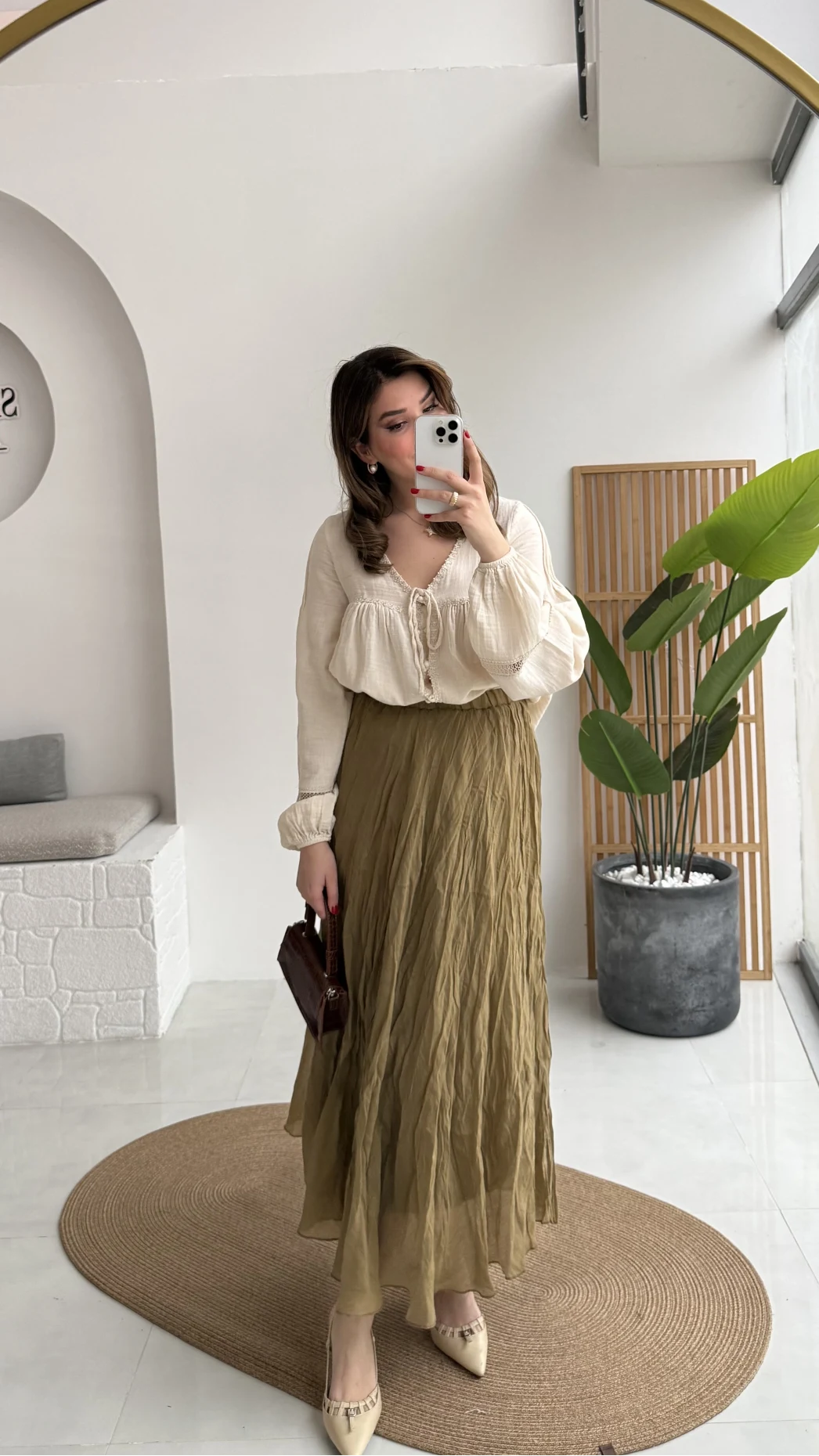 Astarlı Kırışık Beli Lastikli Etek - Olive - Kod: 3207