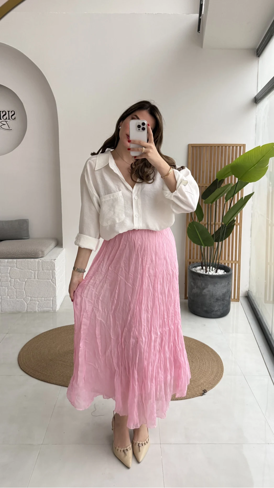 Astarlı Kırışık Beli Lastikli Etek - Pembe - Kod: 3207