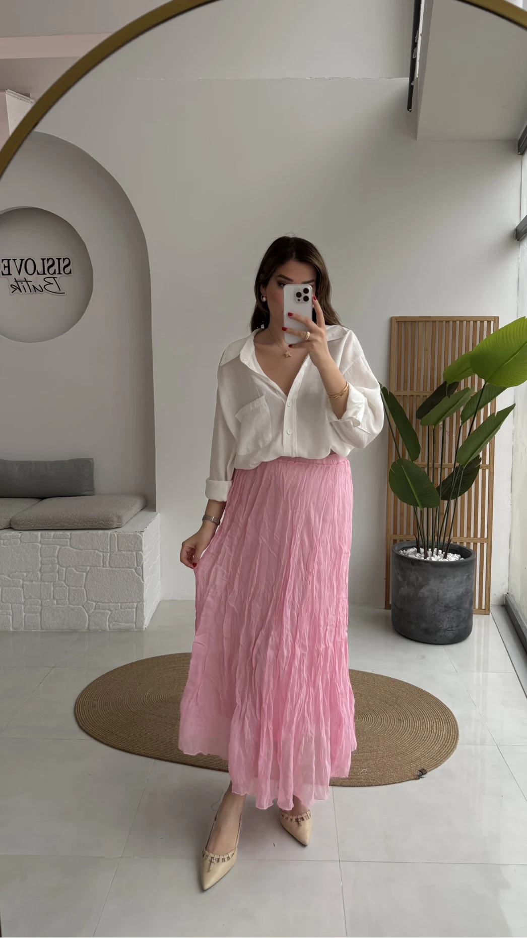 Astarlı Kırışık Beli Lastikli Etek - Pembe - Kod: 3207