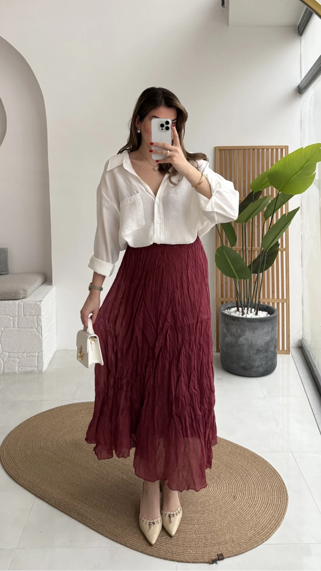 Astarlı Kırışık Beli Lastikli Etek - Bordo - Kod: 3207