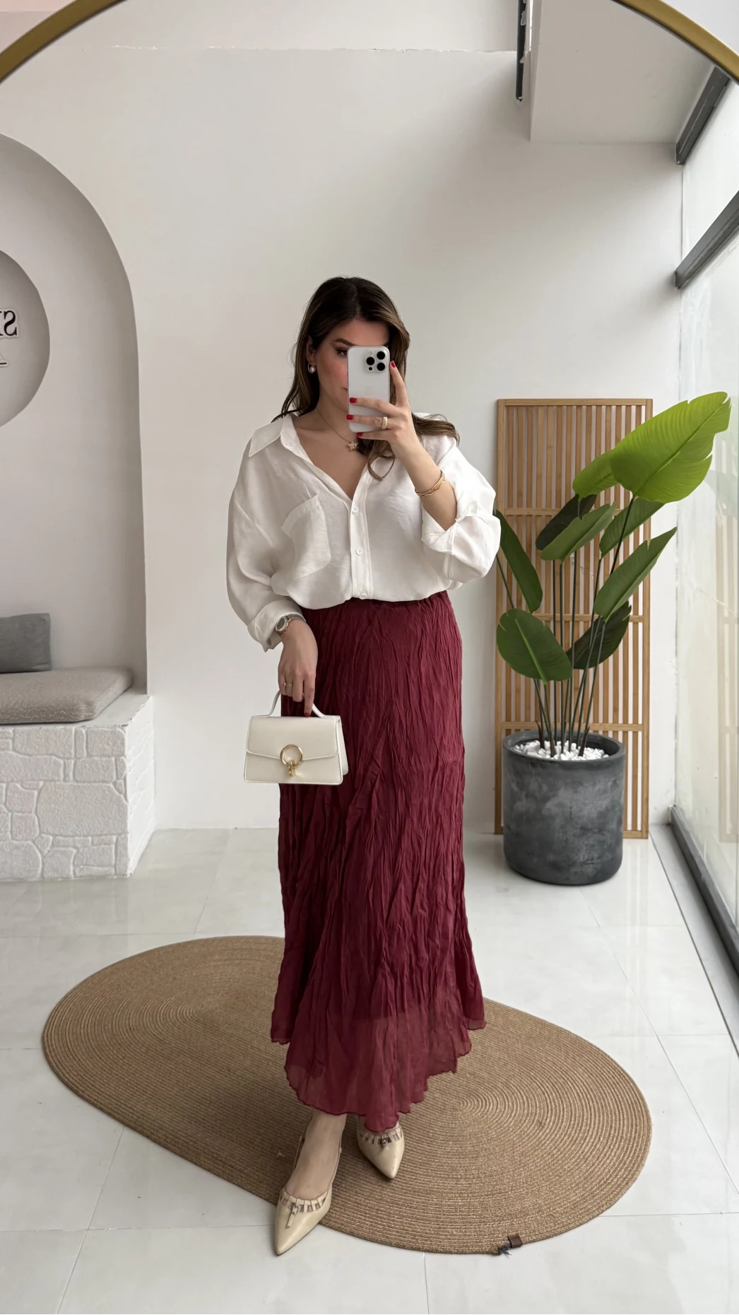 Astarlı Kırışık Beli Lastikli Etek - Bordo - Kod: 3207