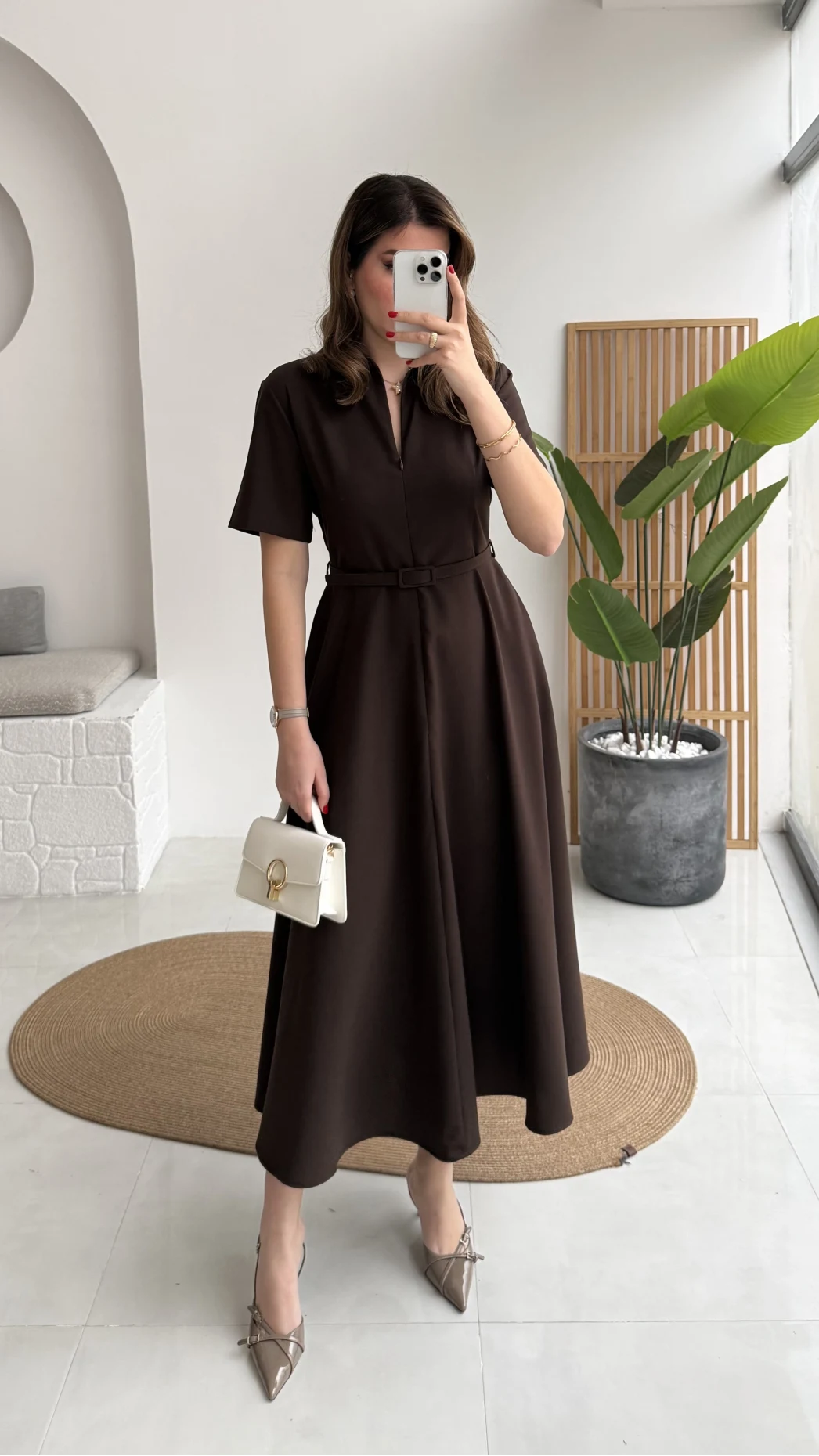 Sia Kısa Kol Kemerli Elbise - Kahverengi - Kod: 2341