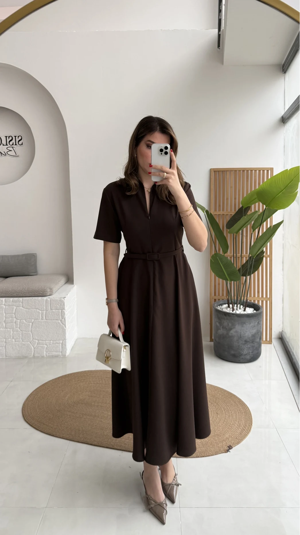 Sia Kısa Kol Kemerli Elbise - Kahverengi - Kod: 2341