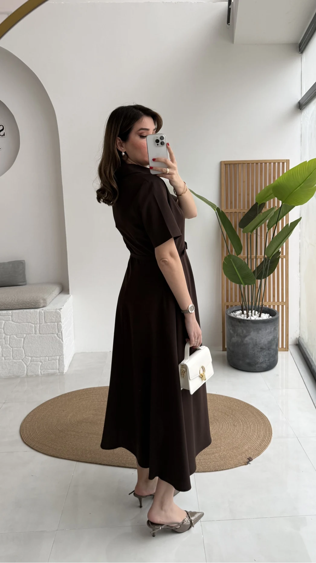 Sia Kısa Kol Kemerli Elbise - Kahverengi - Kod: 2341