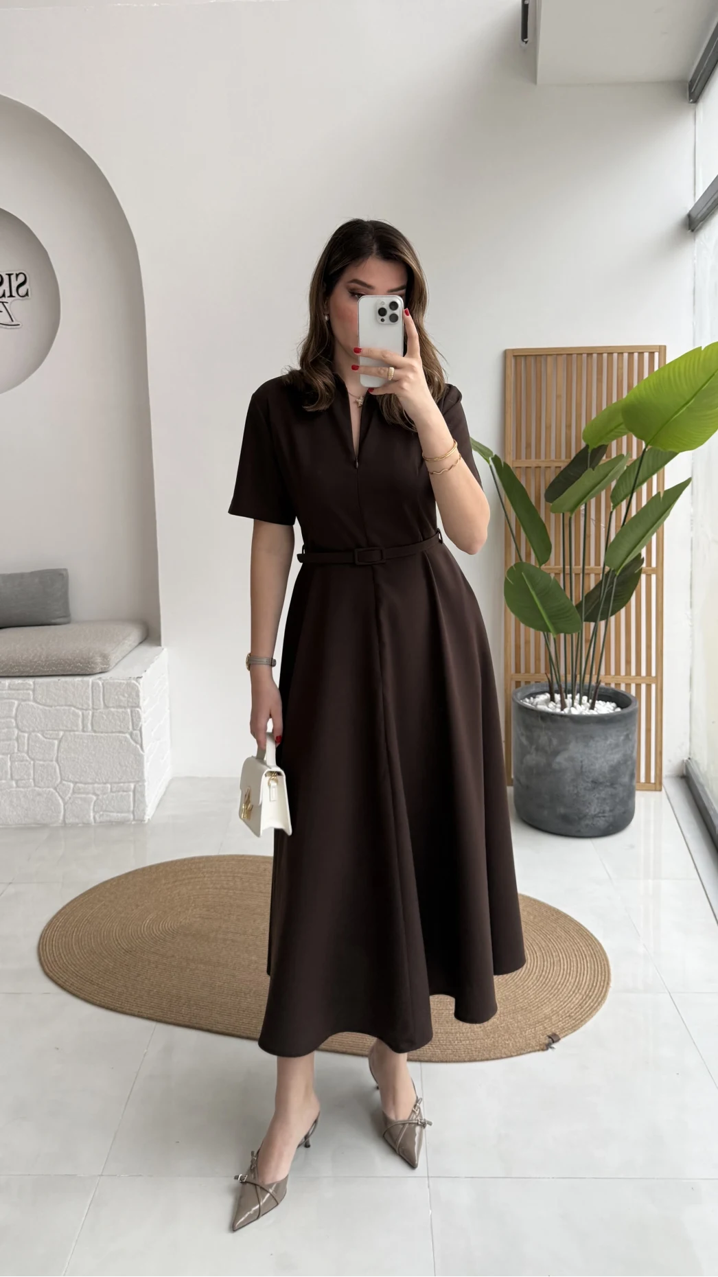 Sia Kısa Kol Kemerli Elbise - Kahverengi - Kod: 2341