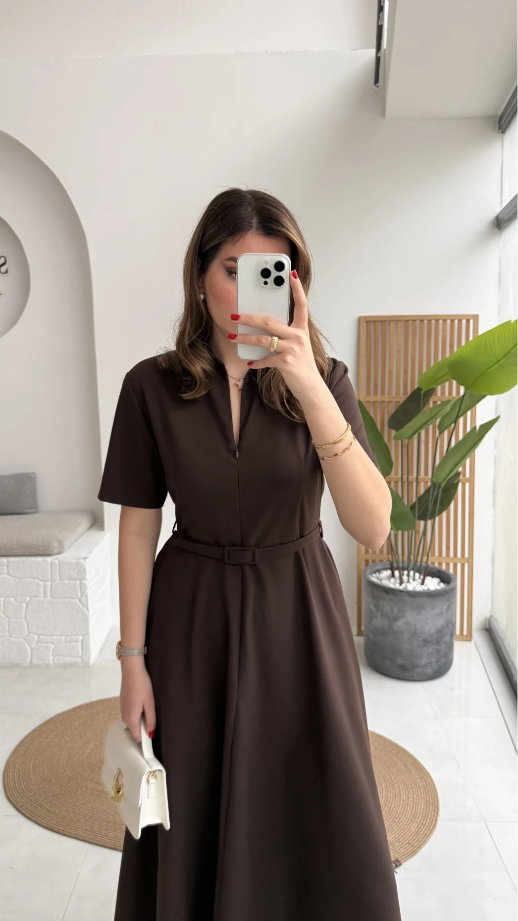 Sia Kısa Kol Kemerli Elbise - Kahverengi - Kod: 2341