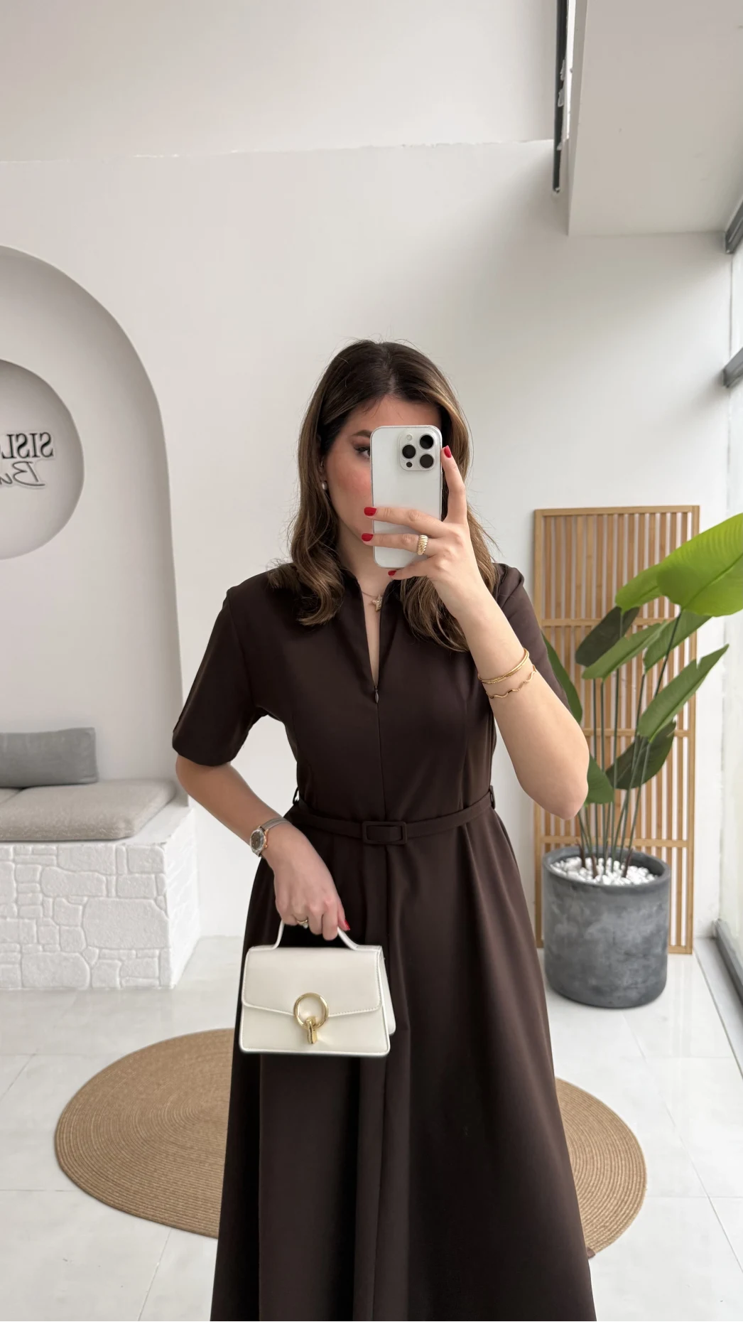 Sia Kısa Kol Kemerli Elbise - Kahverengi - Kod: 2341