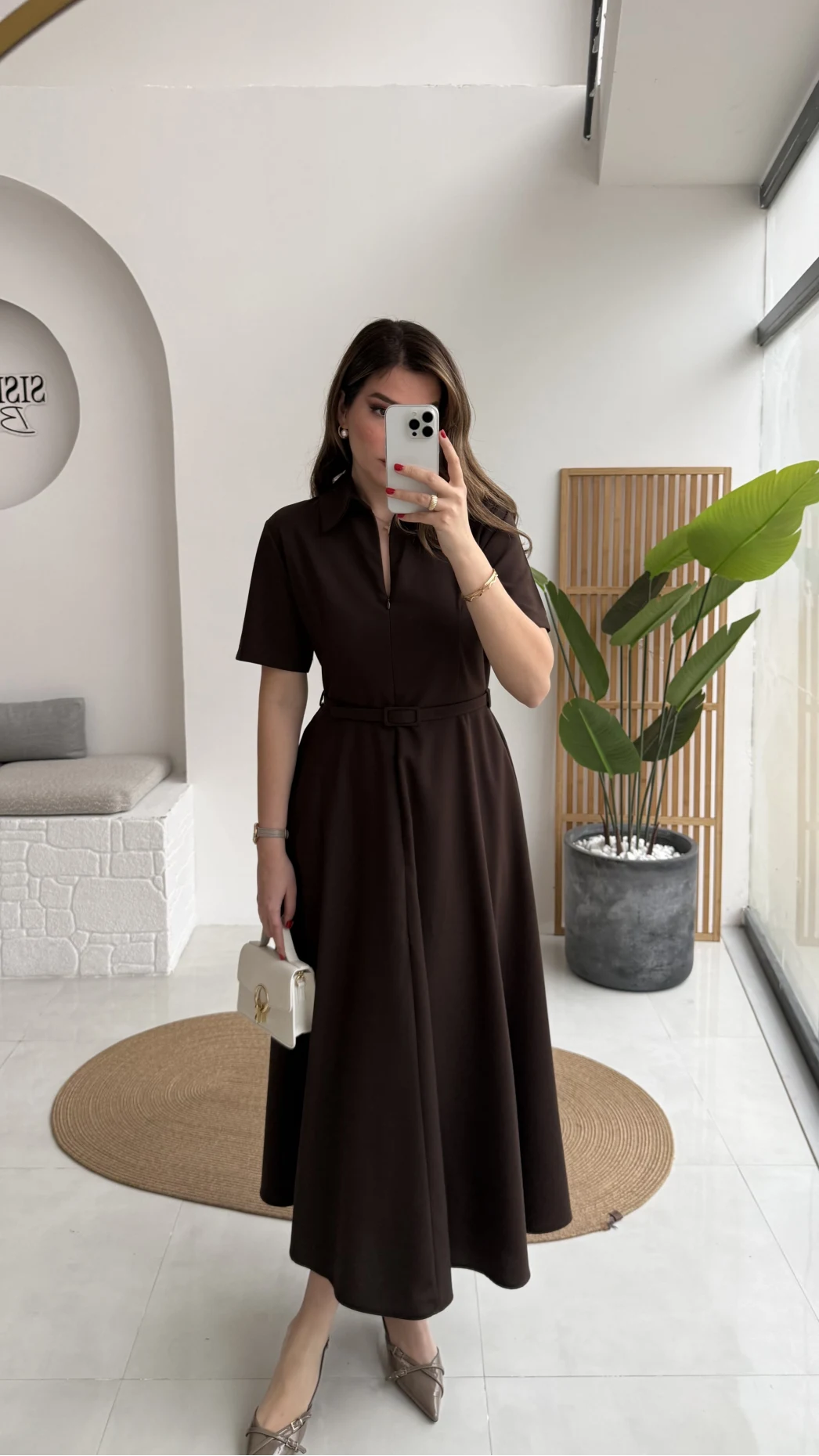 Sia Kısa Kol Kemerli Elbise - Kahverengi - Kod: 2341