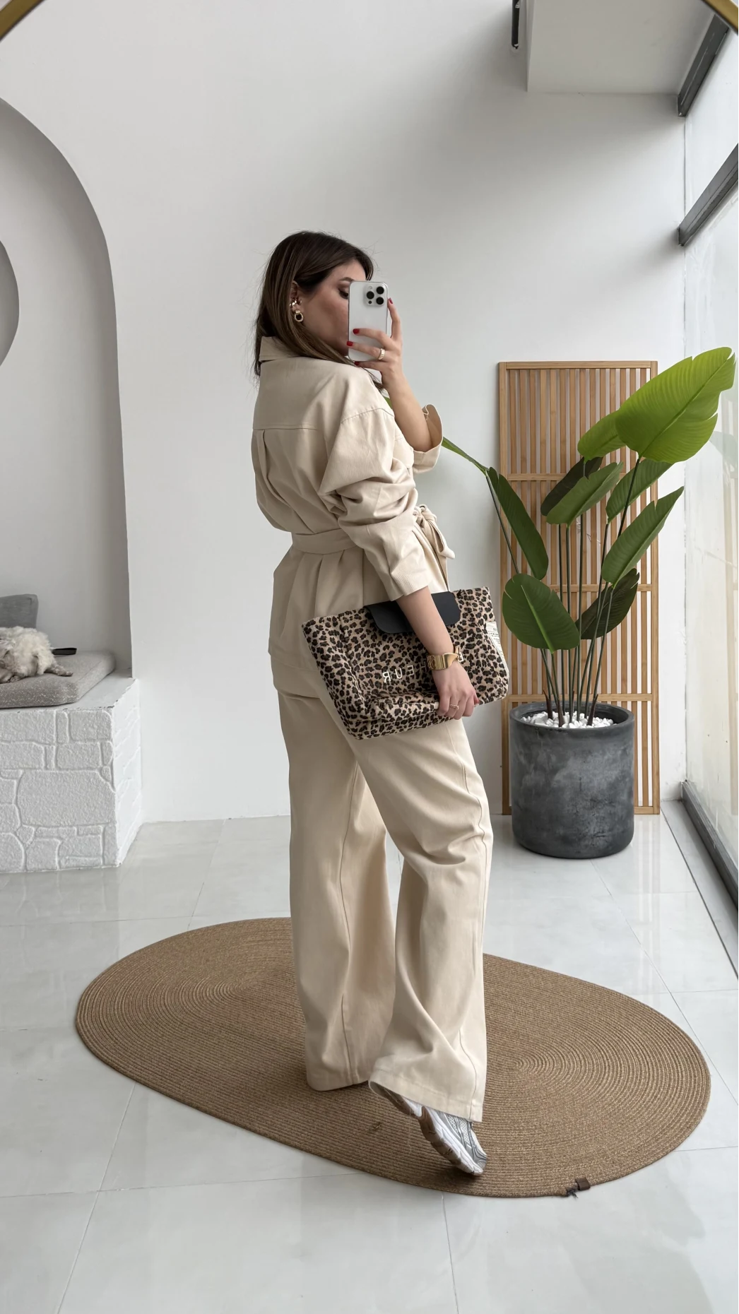 Kuşaklı Gabardin Takım - Taş - Kod: 8897