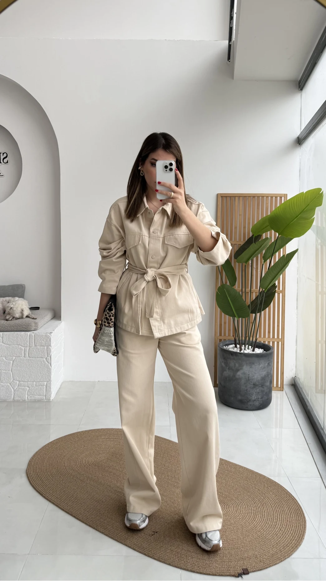 Kuşaklı Gabardin Takım - Taş - Kod: 8897