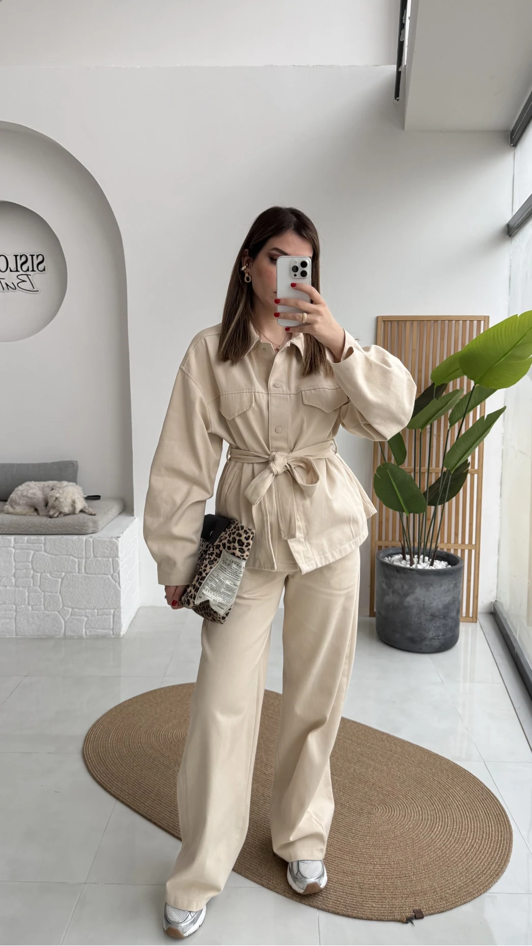 Kuşaklı Gabardin Takım - Taş - Kod: 8897