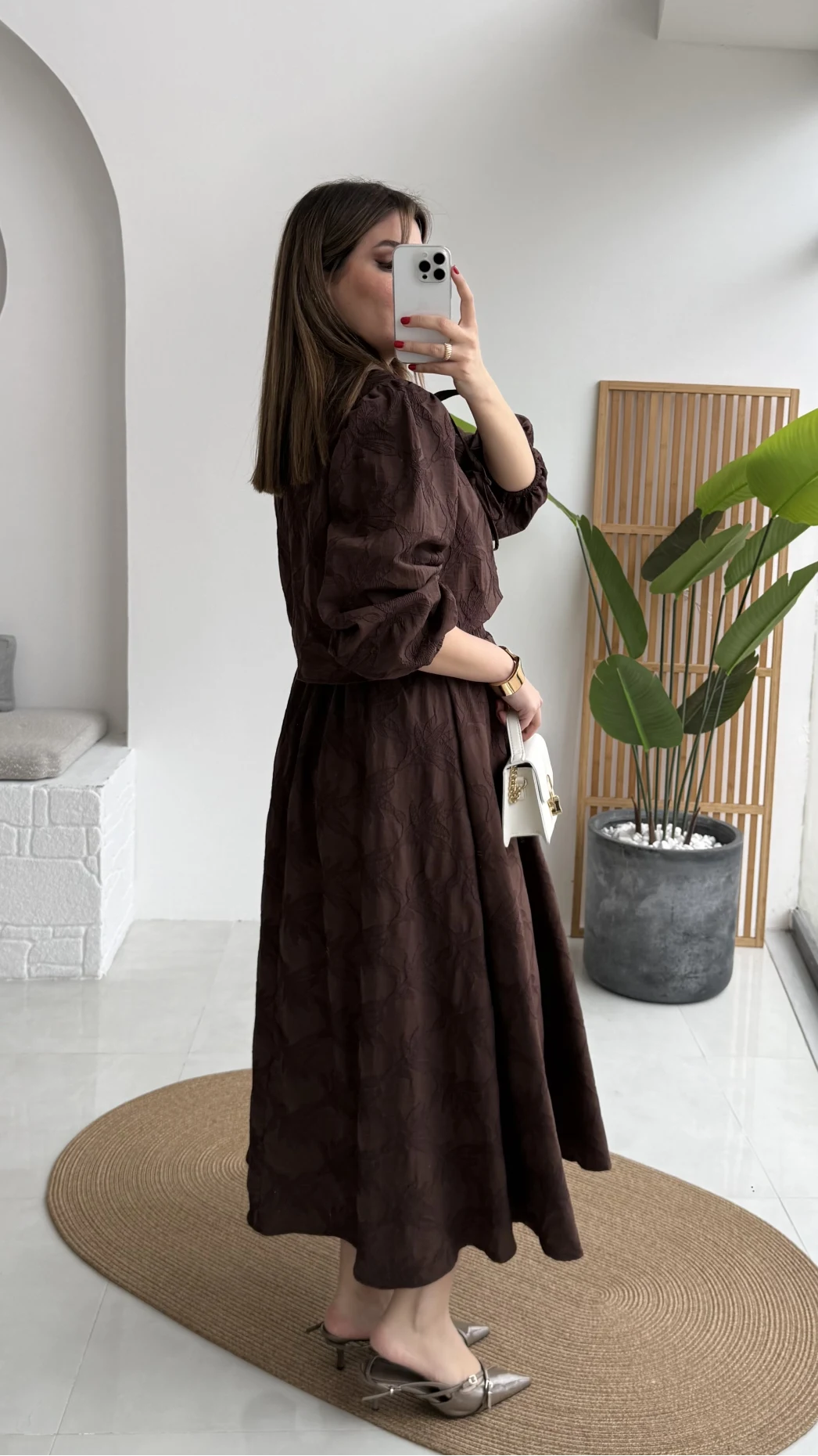 Brera Balon Kol Dokulu Etek Bluz Takım - Kahverengi - Kod: 6045