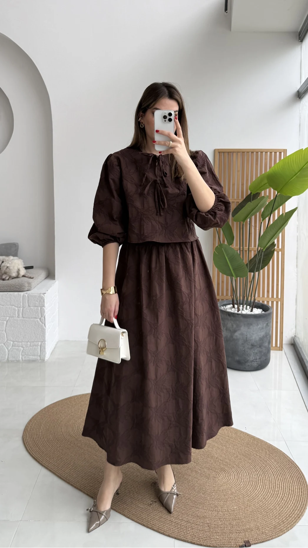 Brera Balon Kol Dokulu Etek Bluz Takım - Kahverengi - Kod: 6045