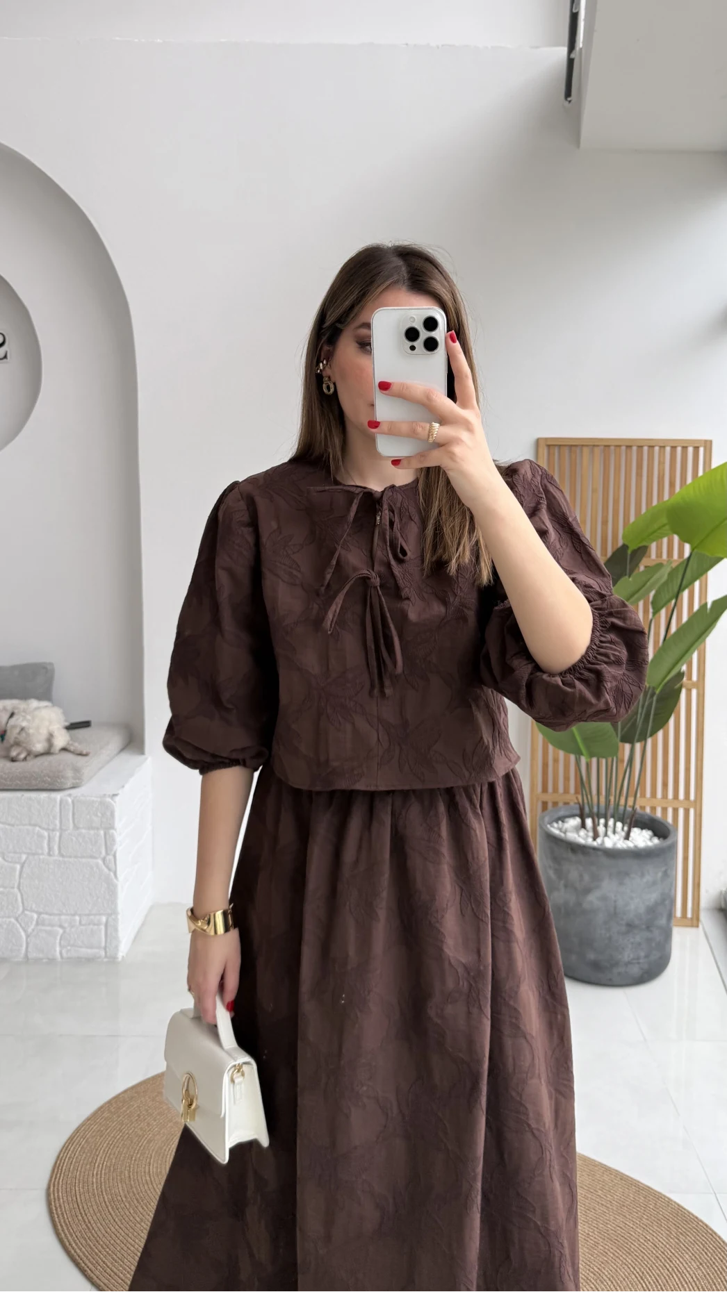 Brera Balon Kol Dokulu Etek Bluz Takım - Kahverengi - Kod: 6045