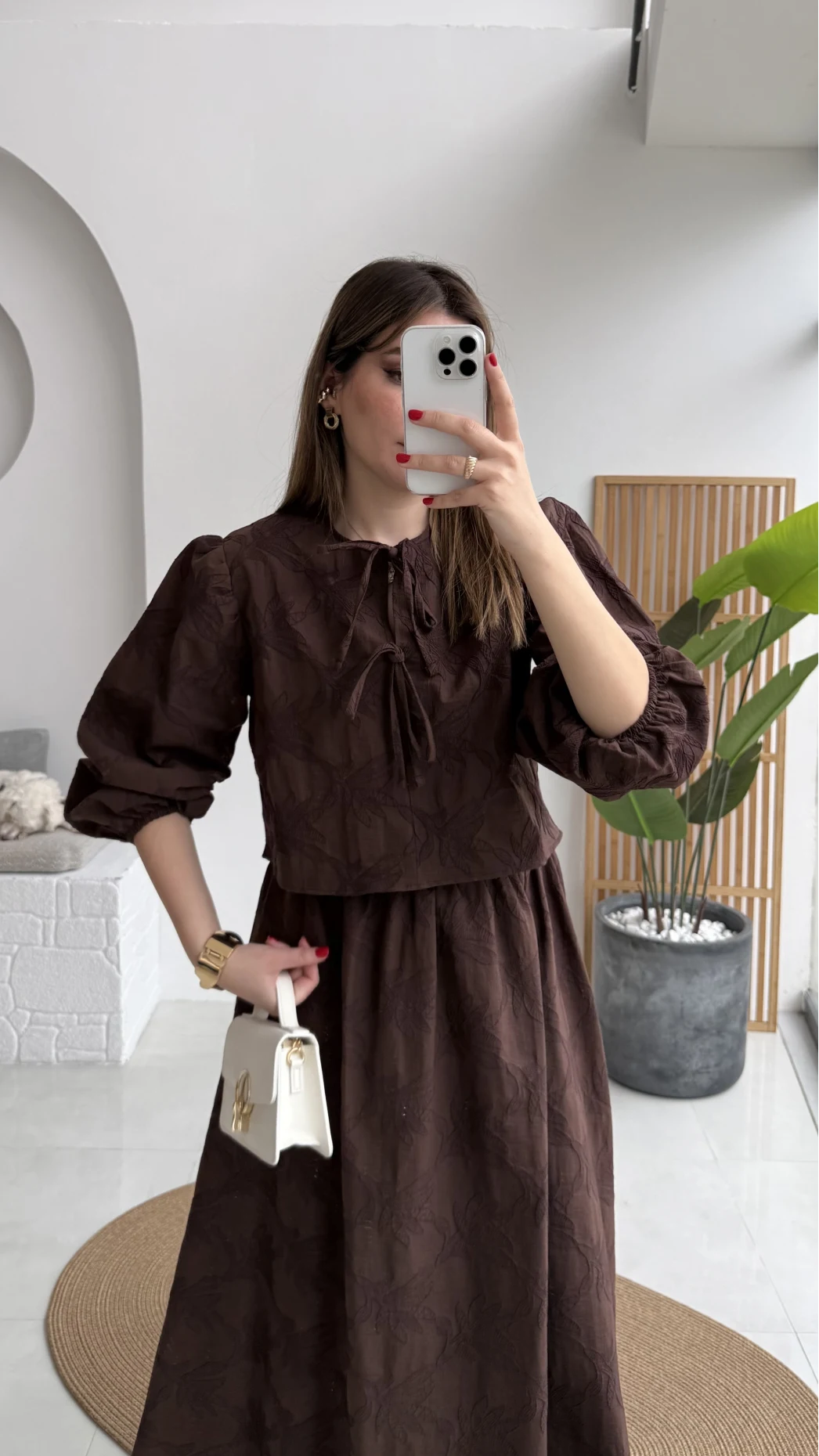 Brera Balon Kol Dokulu Etek Bluz Takım - Kahverengi - Kod: 6045