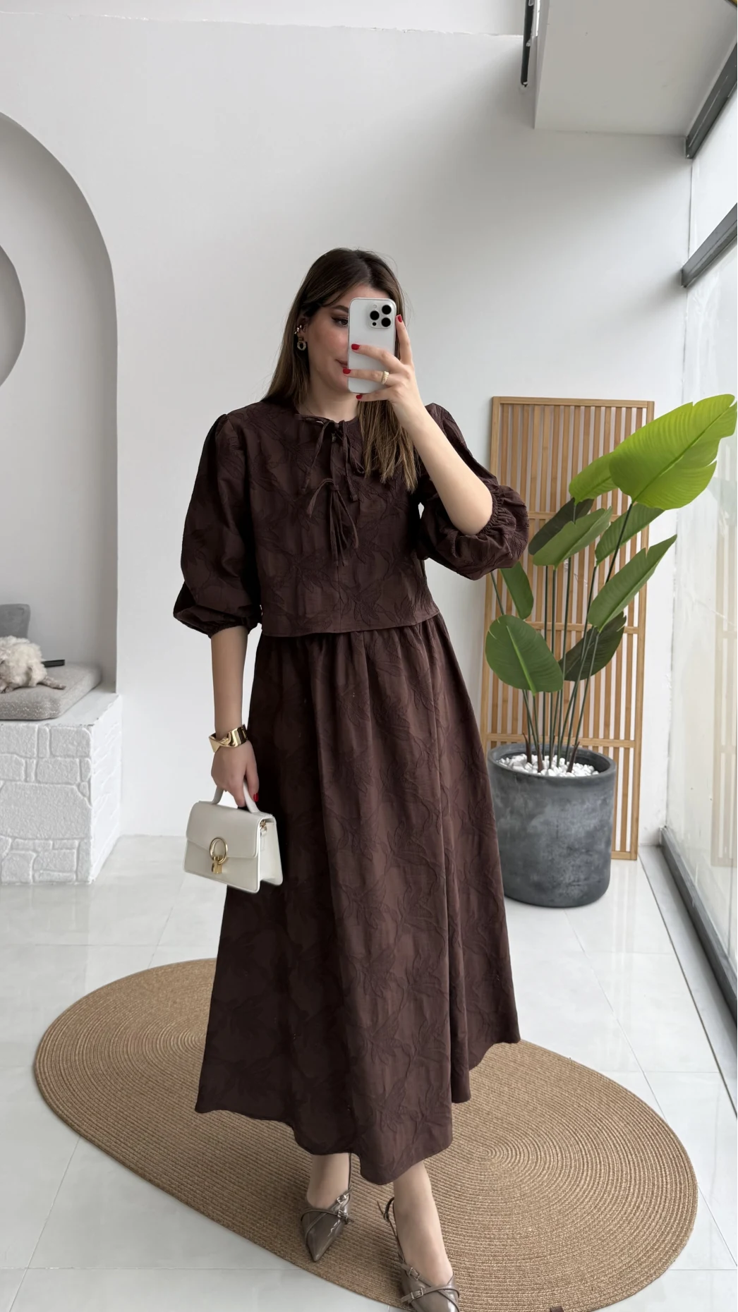 Brera Balon Kol Dokulu Etek Bluz Takım - Kahverengi - Kod: 6045