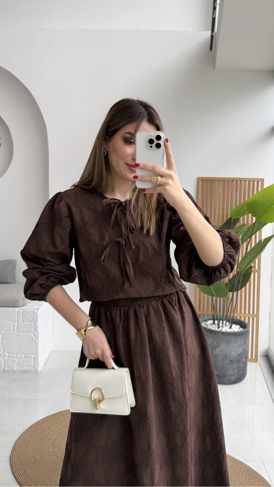 Brera Balon Kol Dokulu Etek Bluz Takım - Kahverengi - Kod: 6045