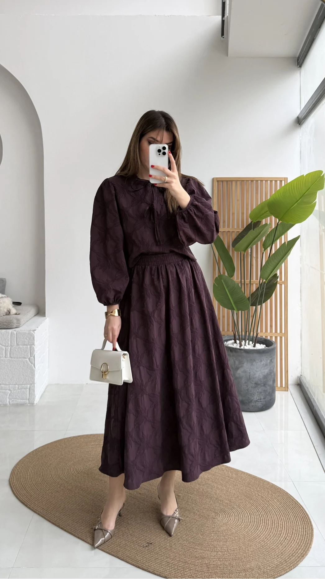 Brera Balon Kol Dokulu Etek Bluz Takım - Mürdüm - Kod: 6045