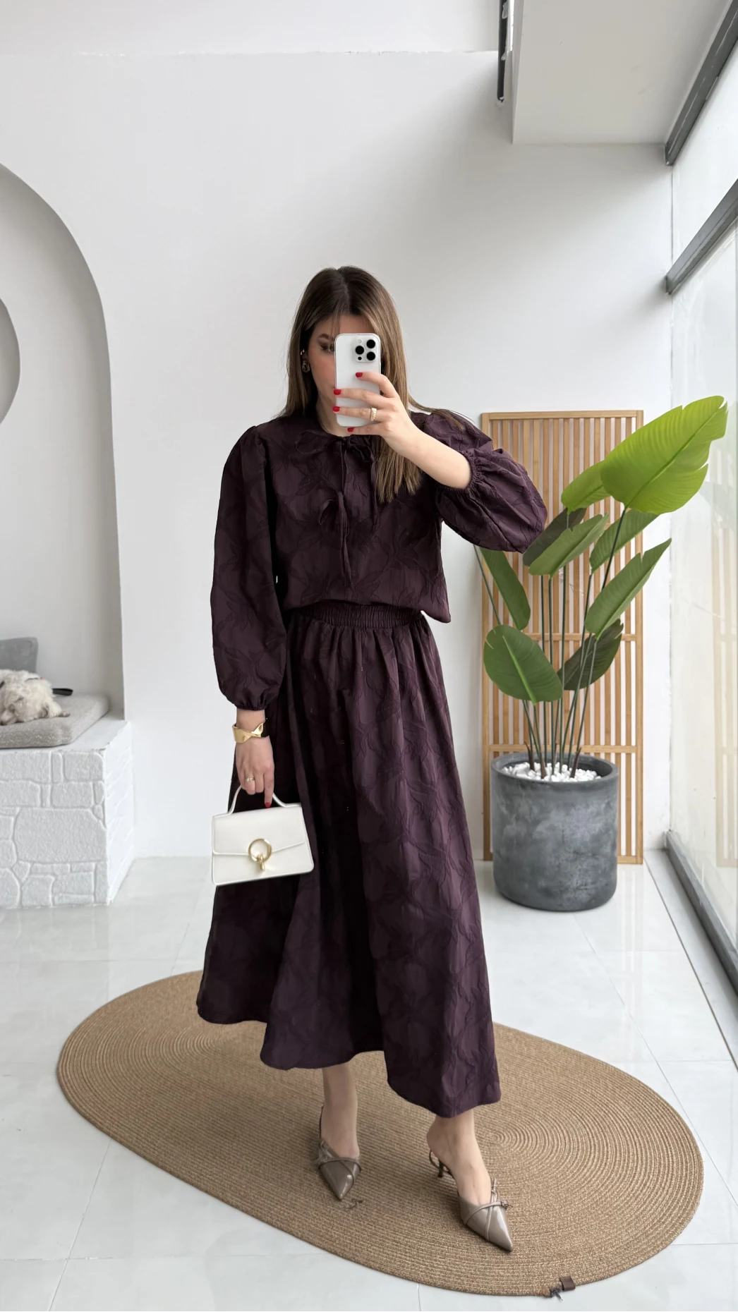 Brera Balon Kol Dokulu Etek Bluz Takım - Mürdüm - Kod: 6045