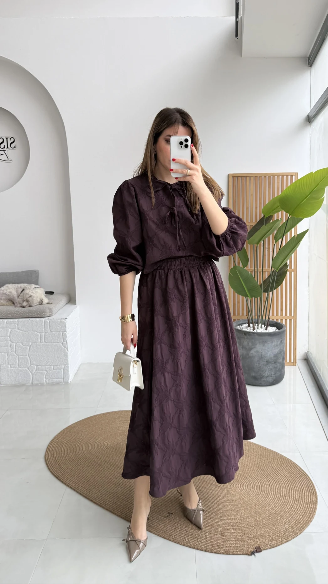 Brera Balon Kol Dokulu Etek Bluz Takım - Mürdüm - Kod: 6045