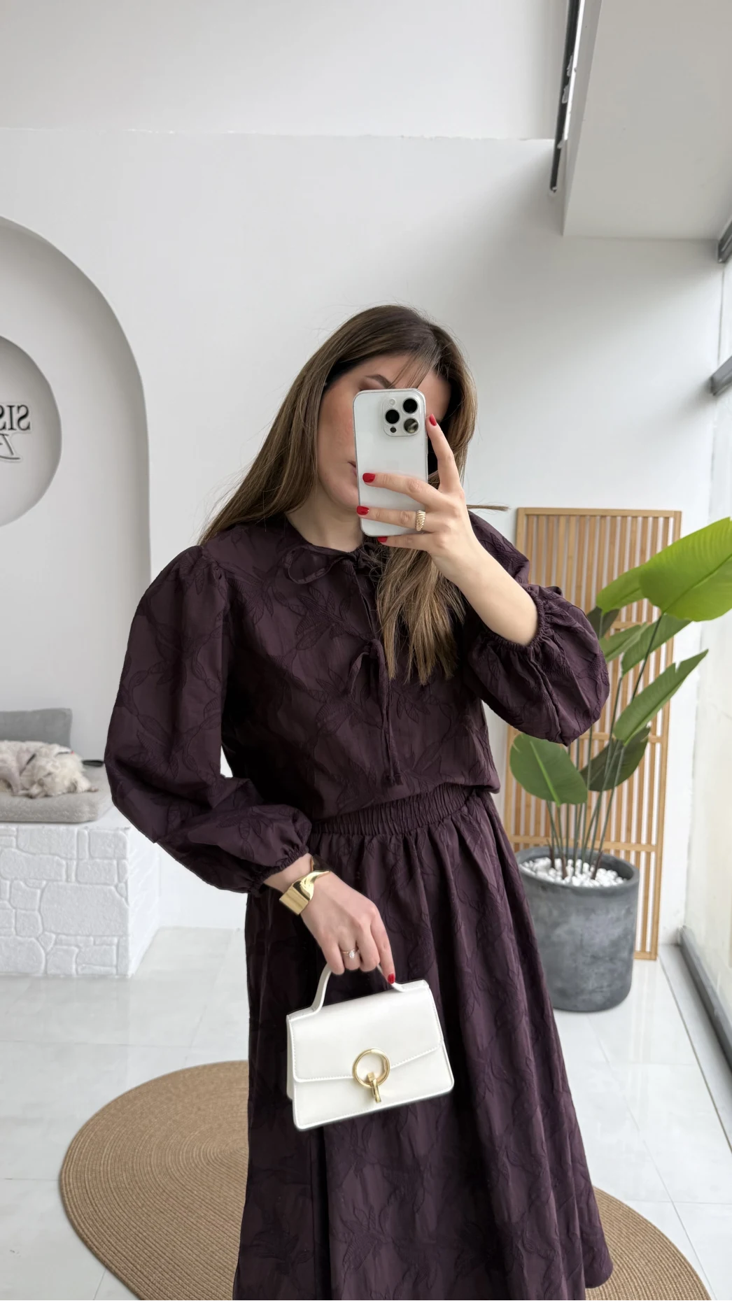 Brera Balon Kol Dokulu Etek Bluz Takım - Mürdüm - Kod: 6045