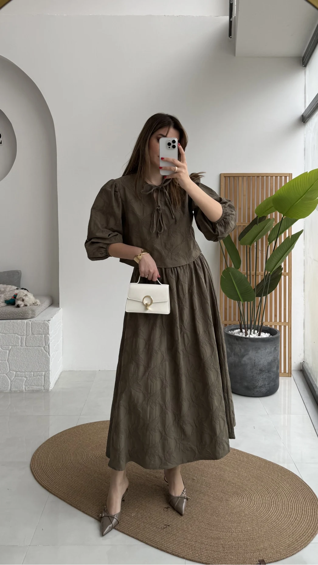 Brera Balon Kol Dokulu Etek Bluz Takım - Haki - Kod: 6045