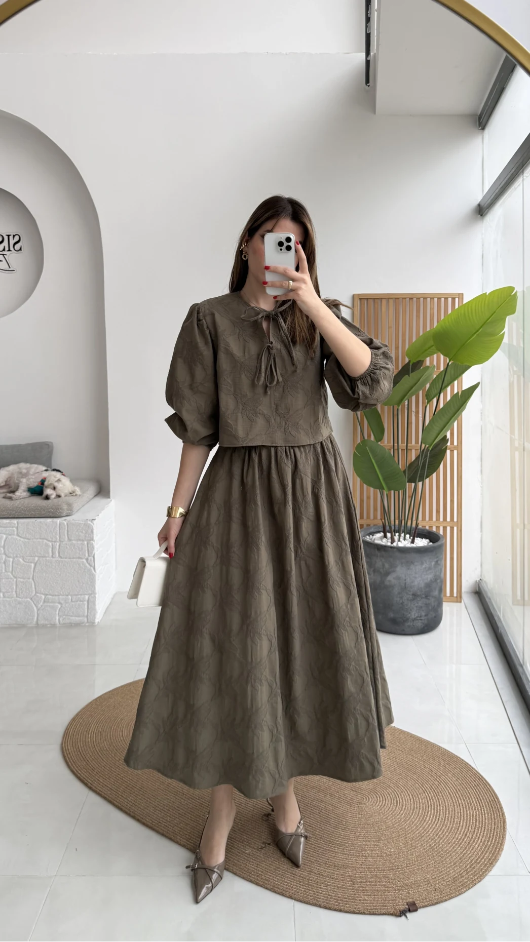 Brera Balon Kol Dokulu Etek Bluz Takım - Haki - Kod: 6045