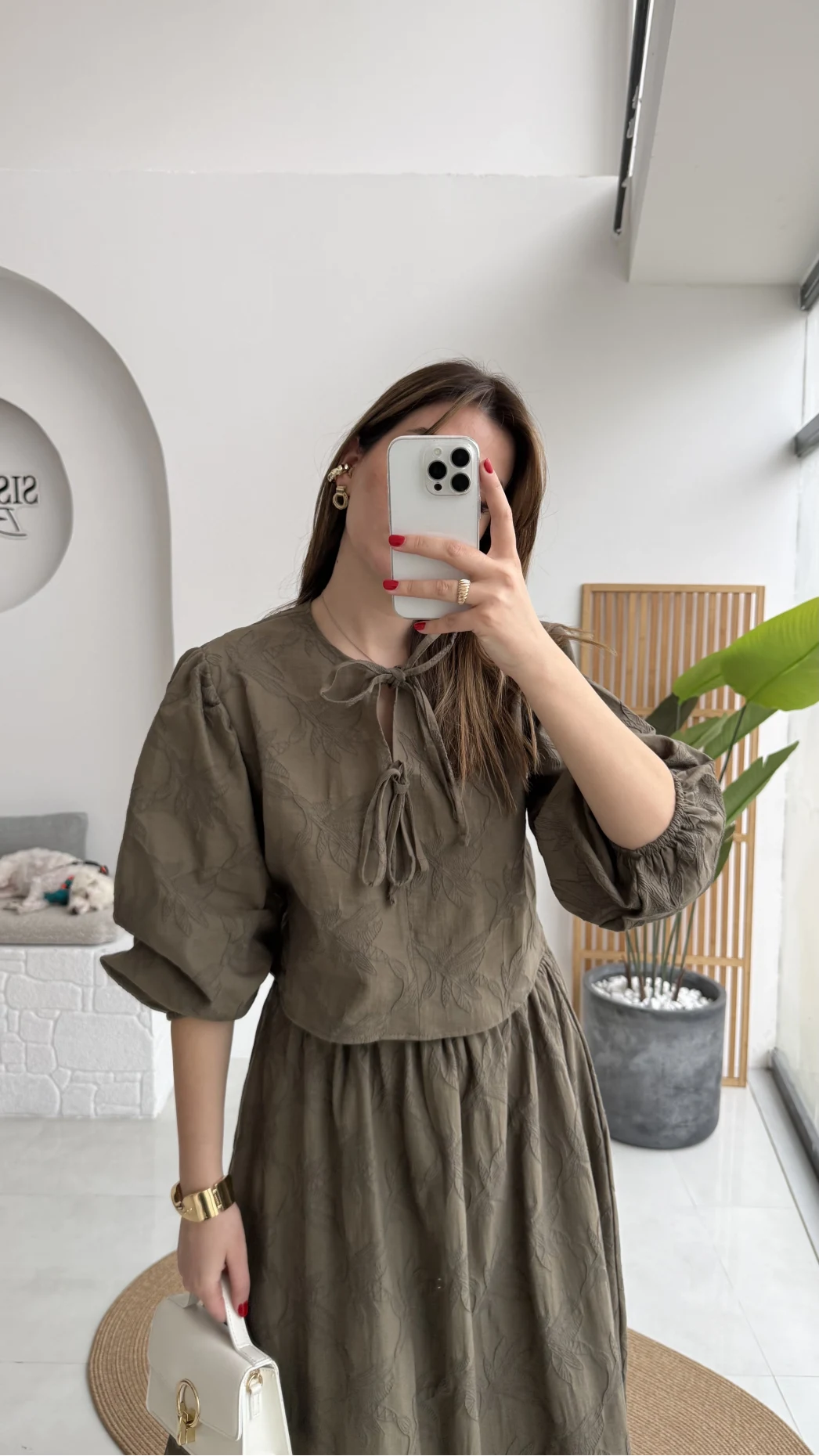 Brera Balon Kol Dokulu Etek Bluz Takım - Haki - Kod: 6045