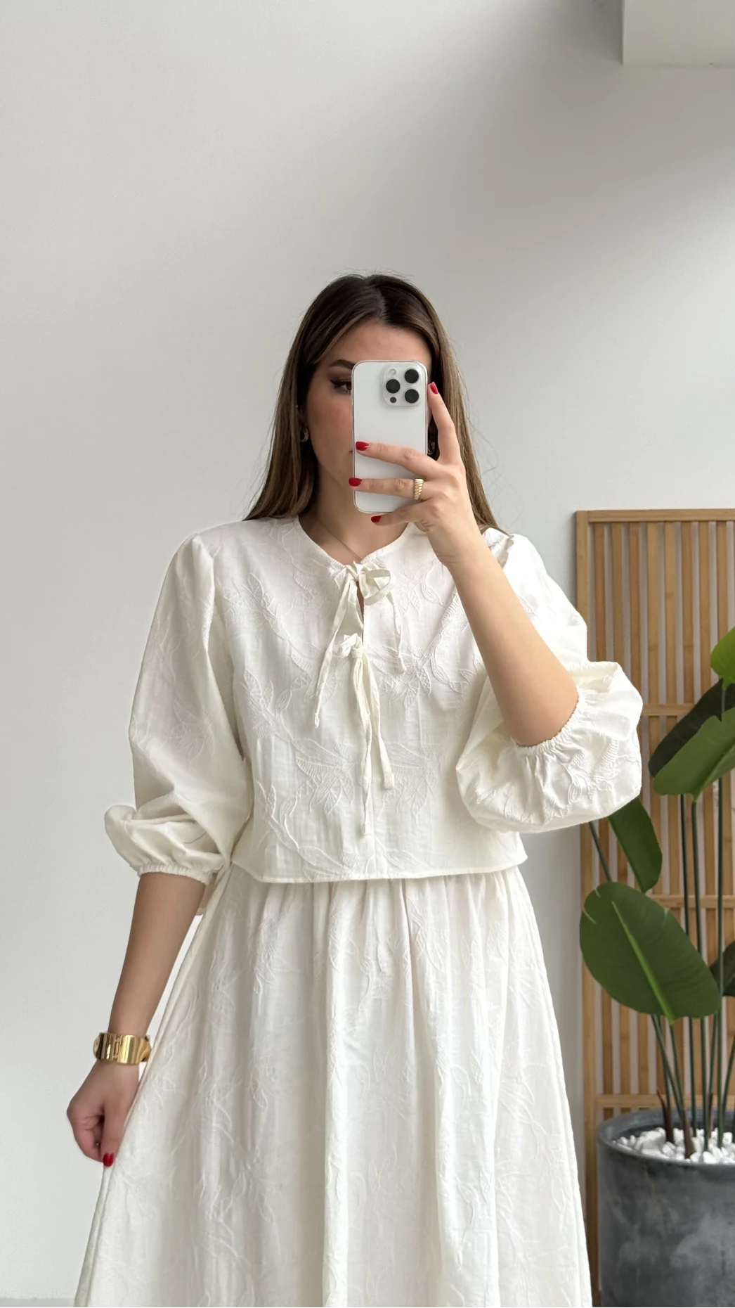 Brera Balon Kol Dokulu Etek Bluz Takım - Ekru - Kod: 6045