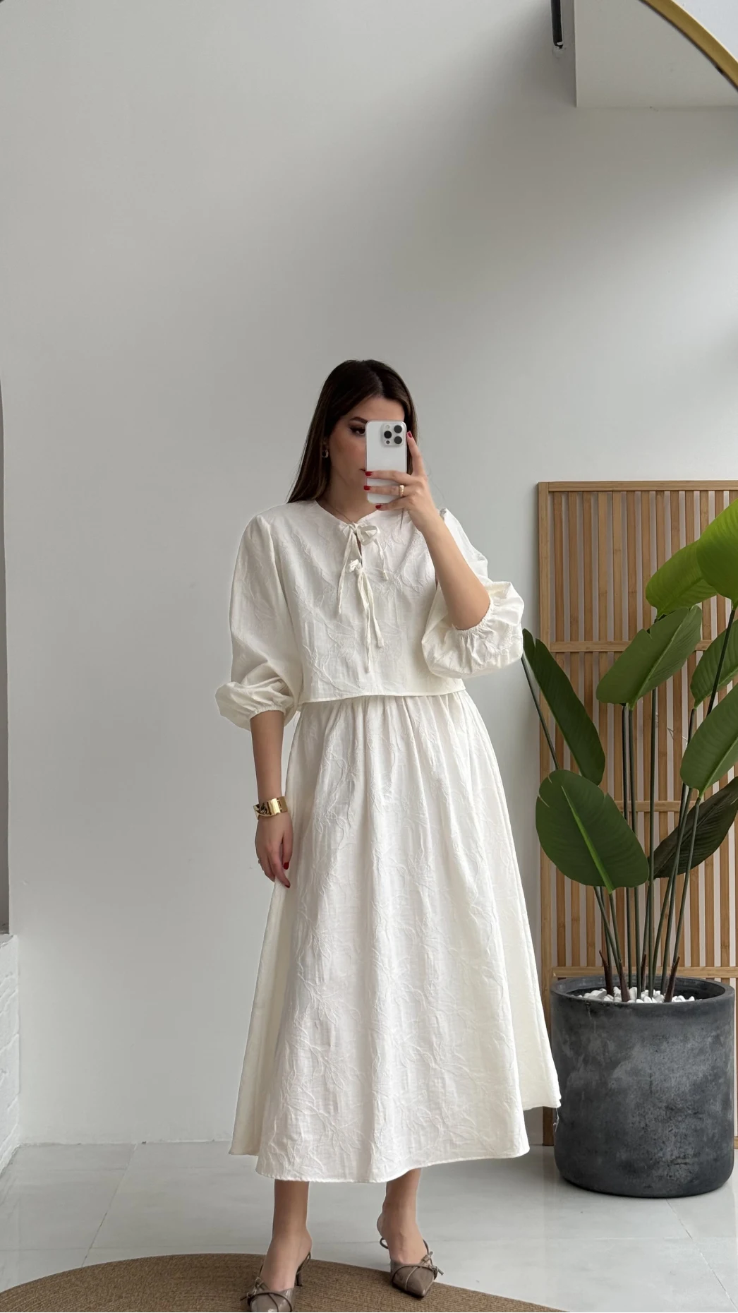 Brera Balon Kol Dokulu Etek Bluz Takım - Ekru - Kod: 6045