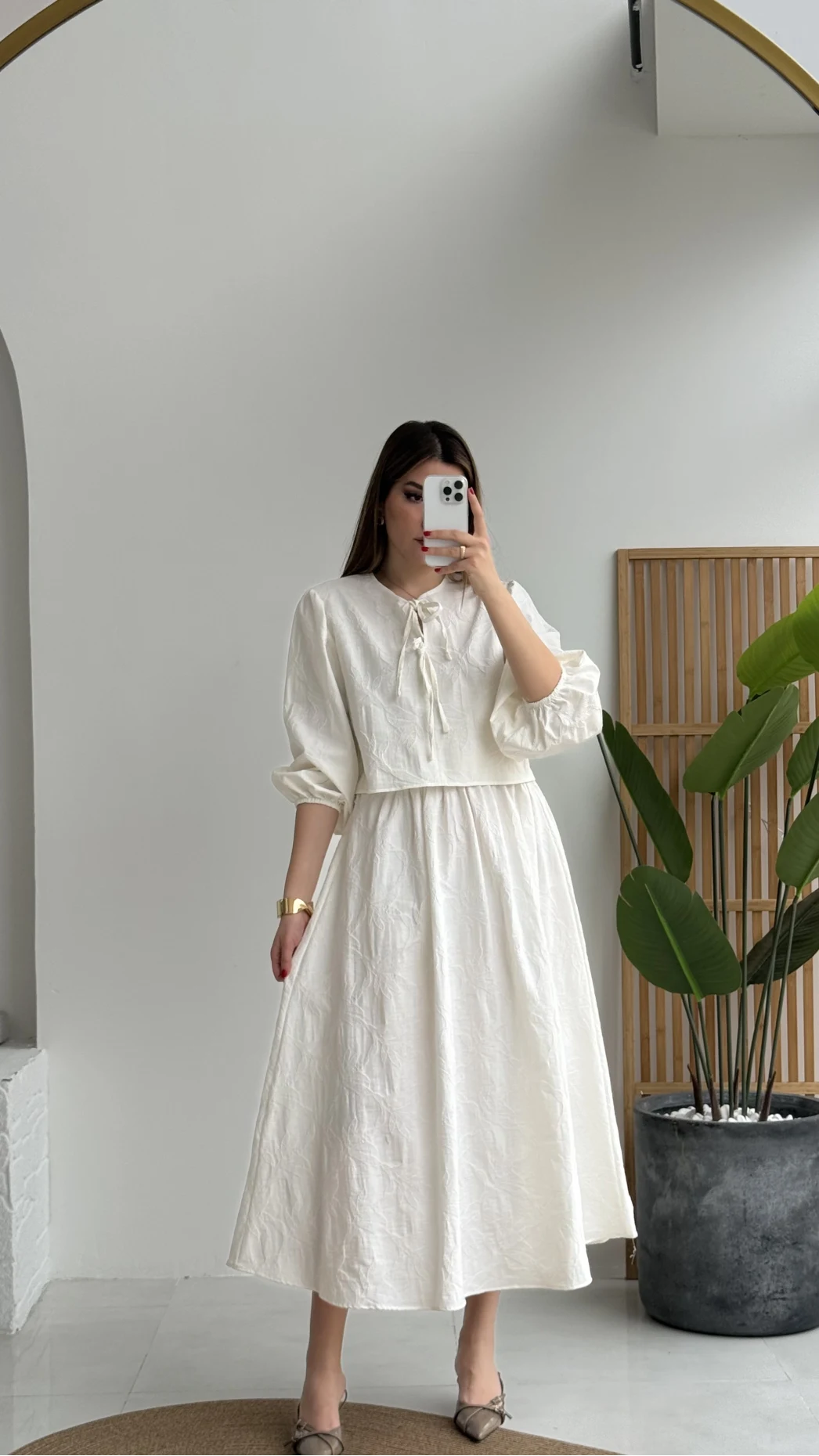 Brera Balon Kol Dokulu Etek Bluz Takım - Ekru - Kod: 6045