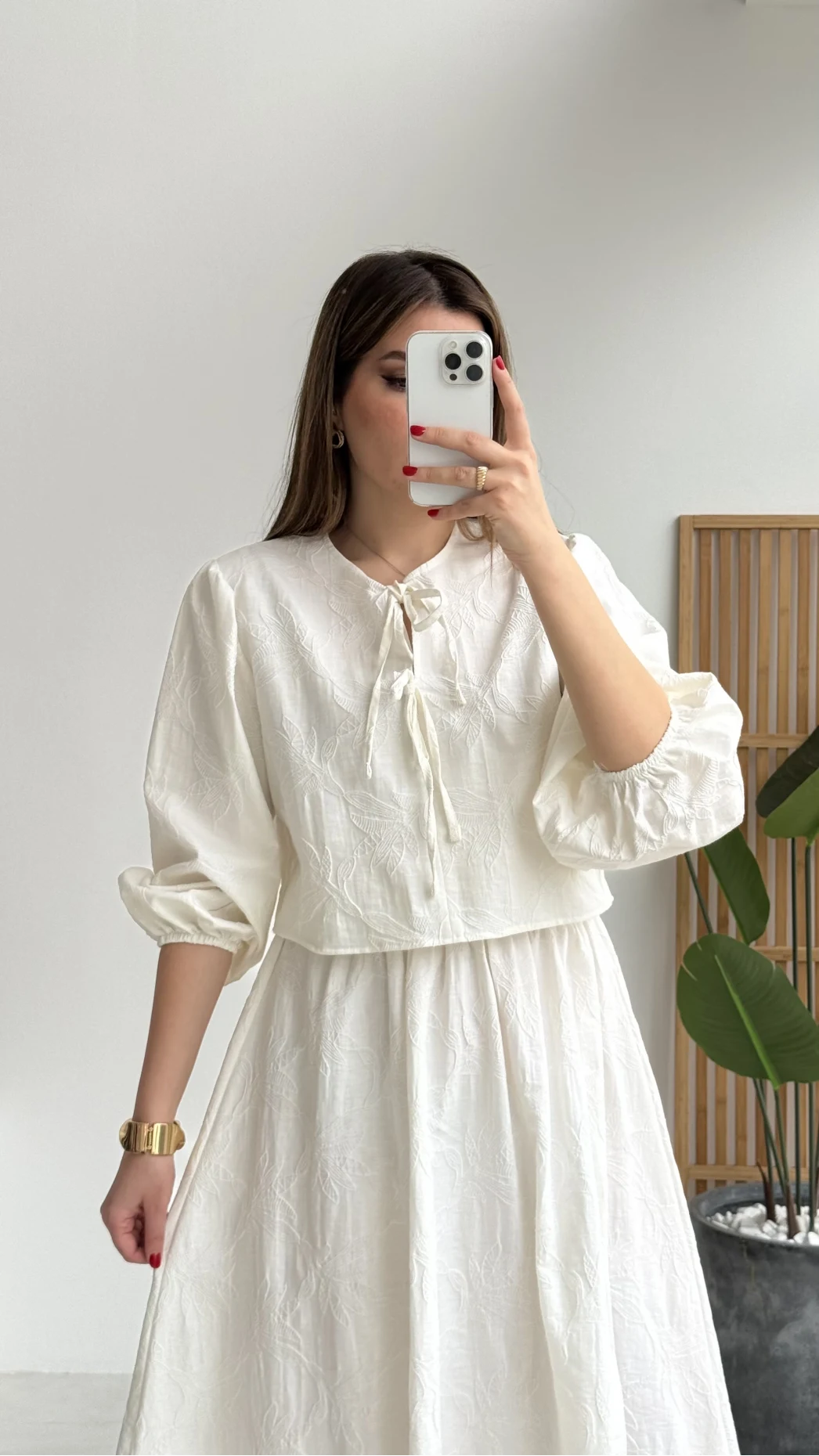 Brera Balon Kol Dokulu Etek Bluz Takım - Ekru - Kod: 6045