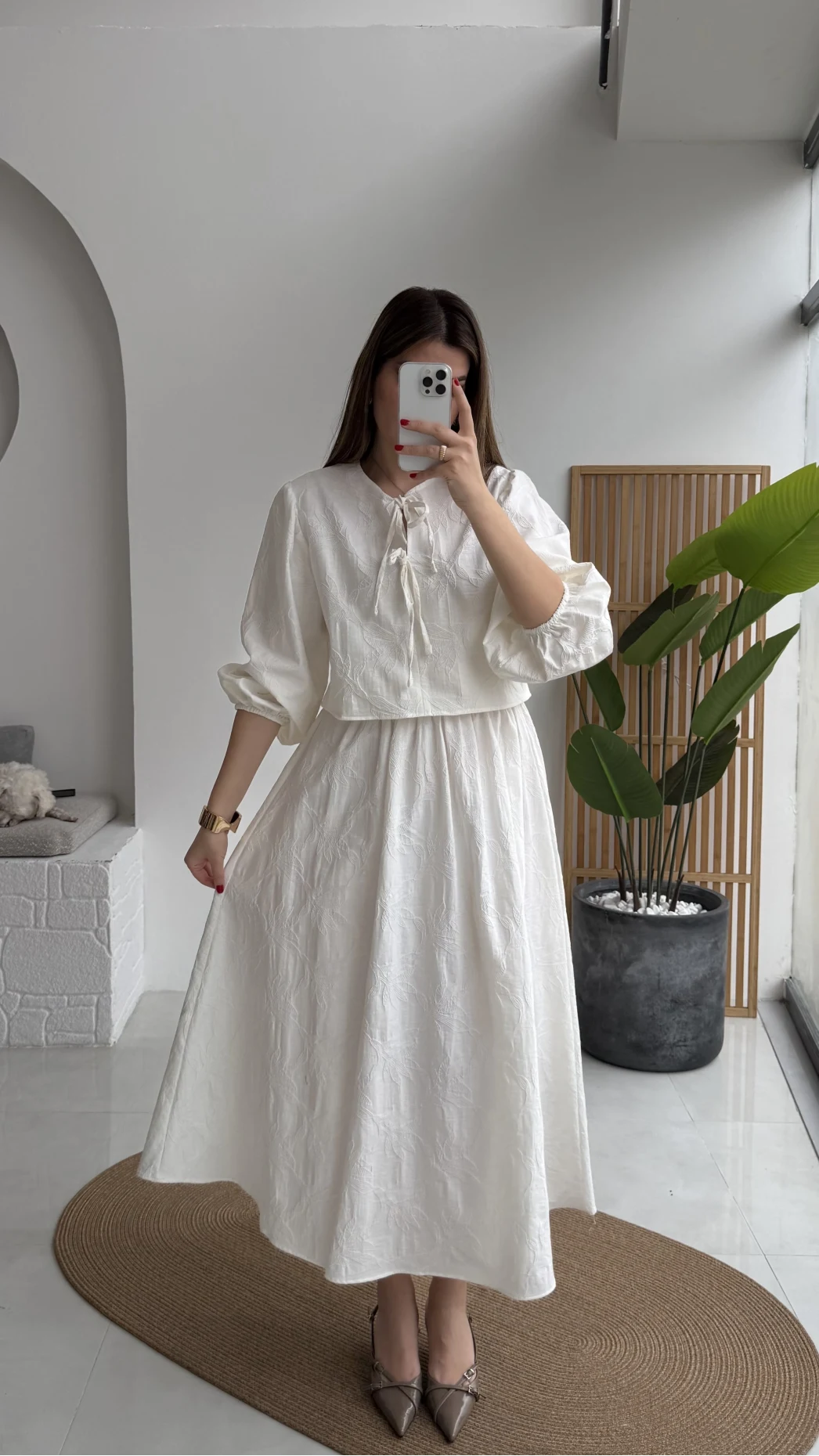 Brera Balon Kol Dokulu Etek Bluz Takım - Ekru - Kod: 6045