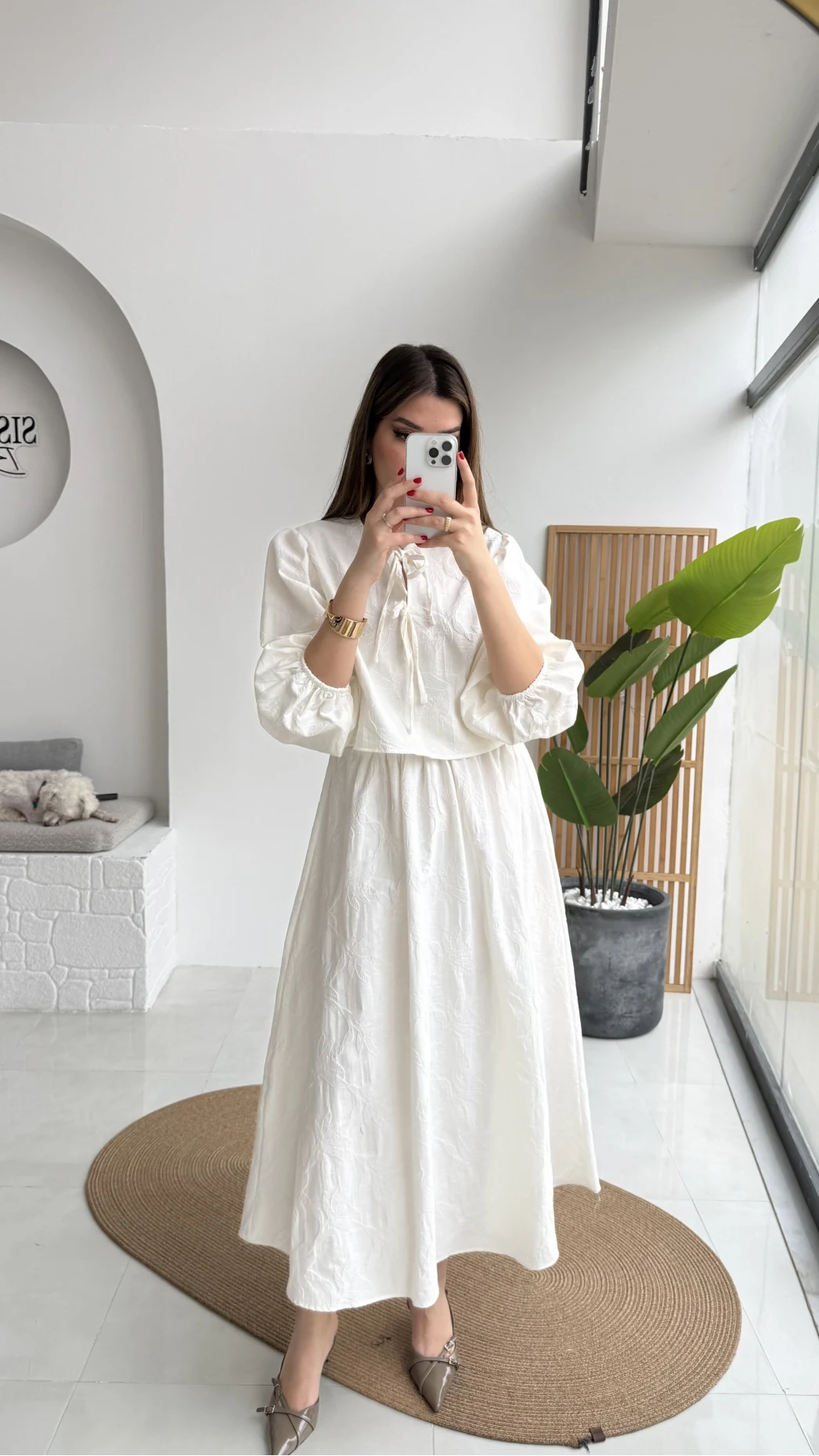 Brera Balon Kol Dokulu Etek Bluz Takım - Ekru - Kod: 6045