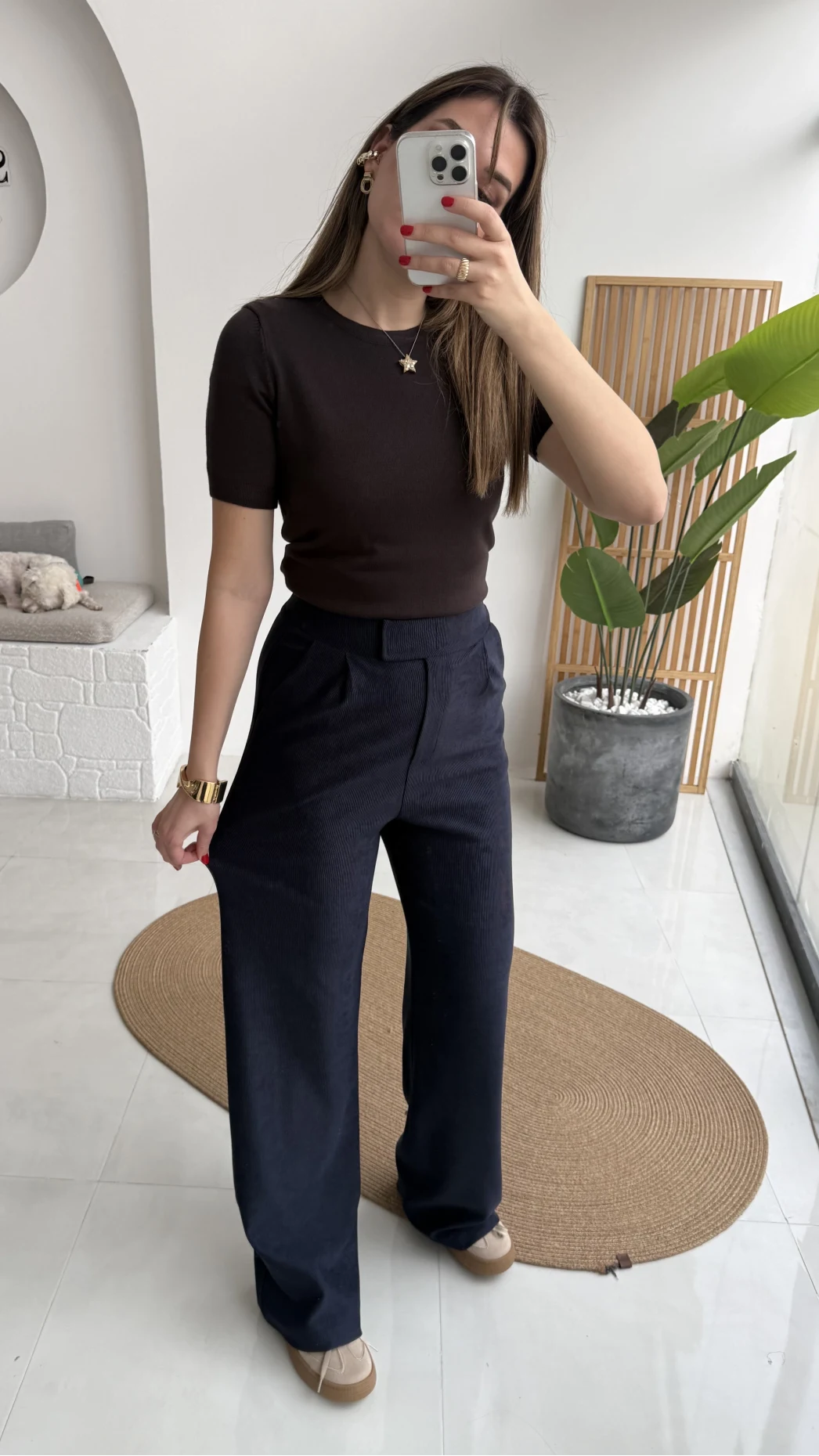 Kadife Cırt Detay Pantolon - Lacivert - Kod: 3997