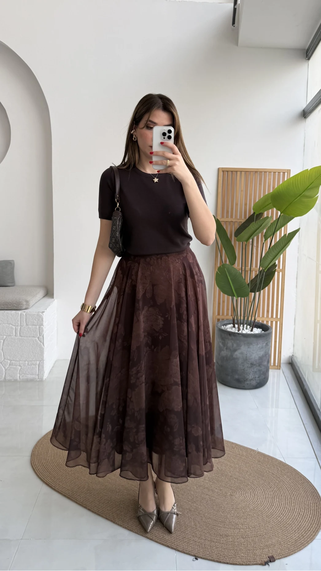 Çiçek Desenli Astarlı Tül Etek - Kahverengi