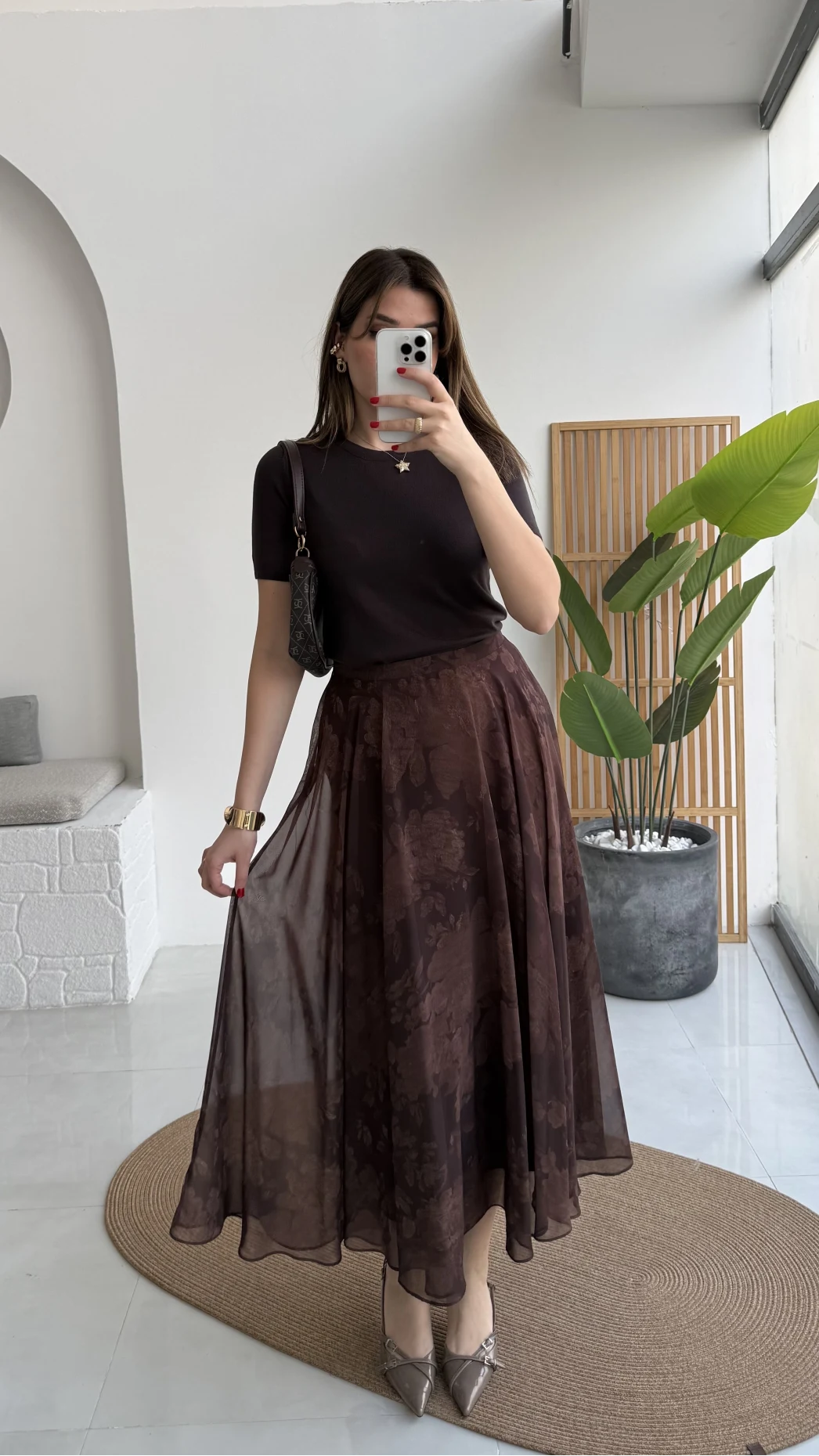 Çiçek Desenli Astarlı Tül Etek - Kahverengi