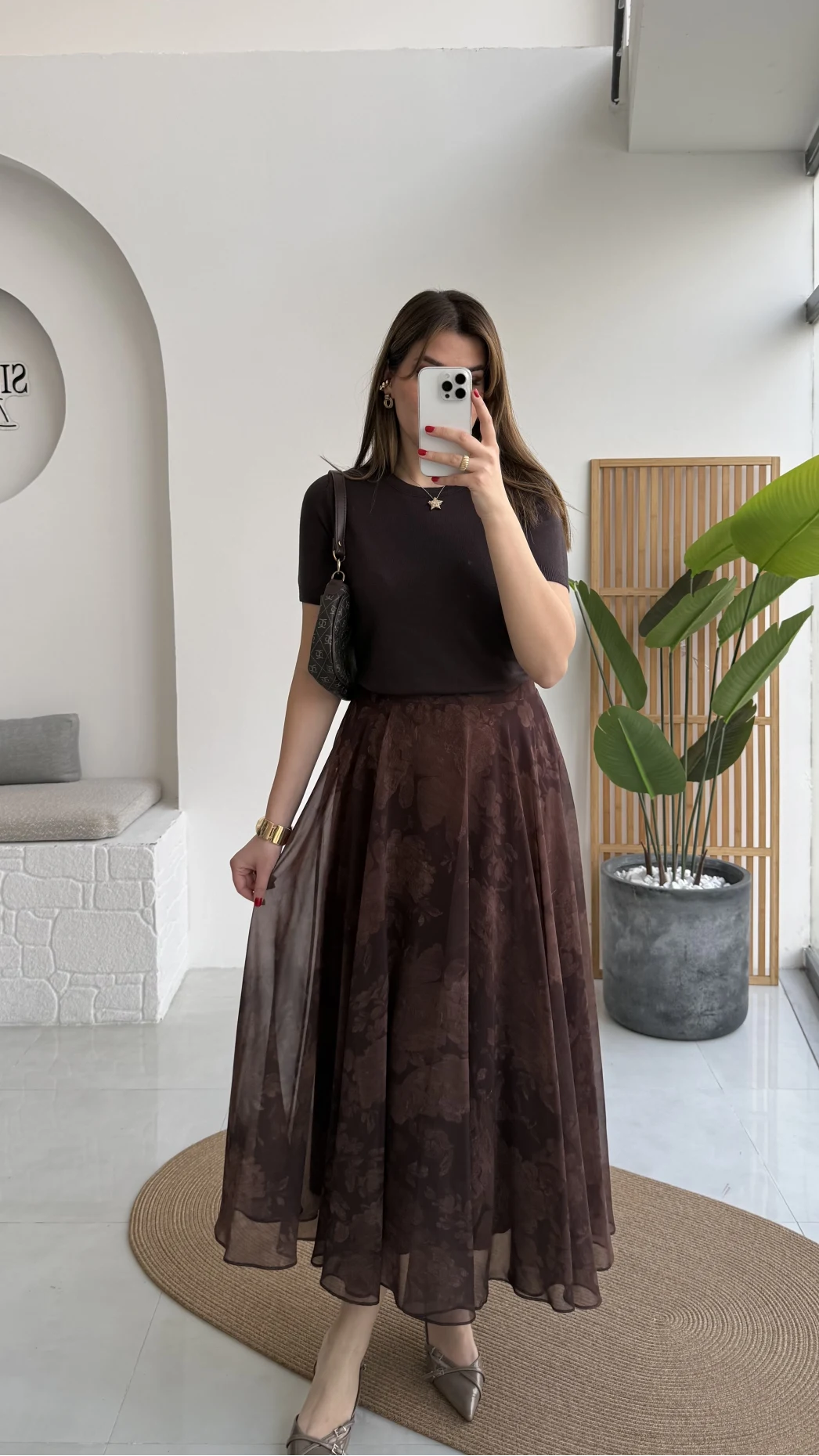 Çiçek Desenli Astarlı Tül Etek - Kahverengi