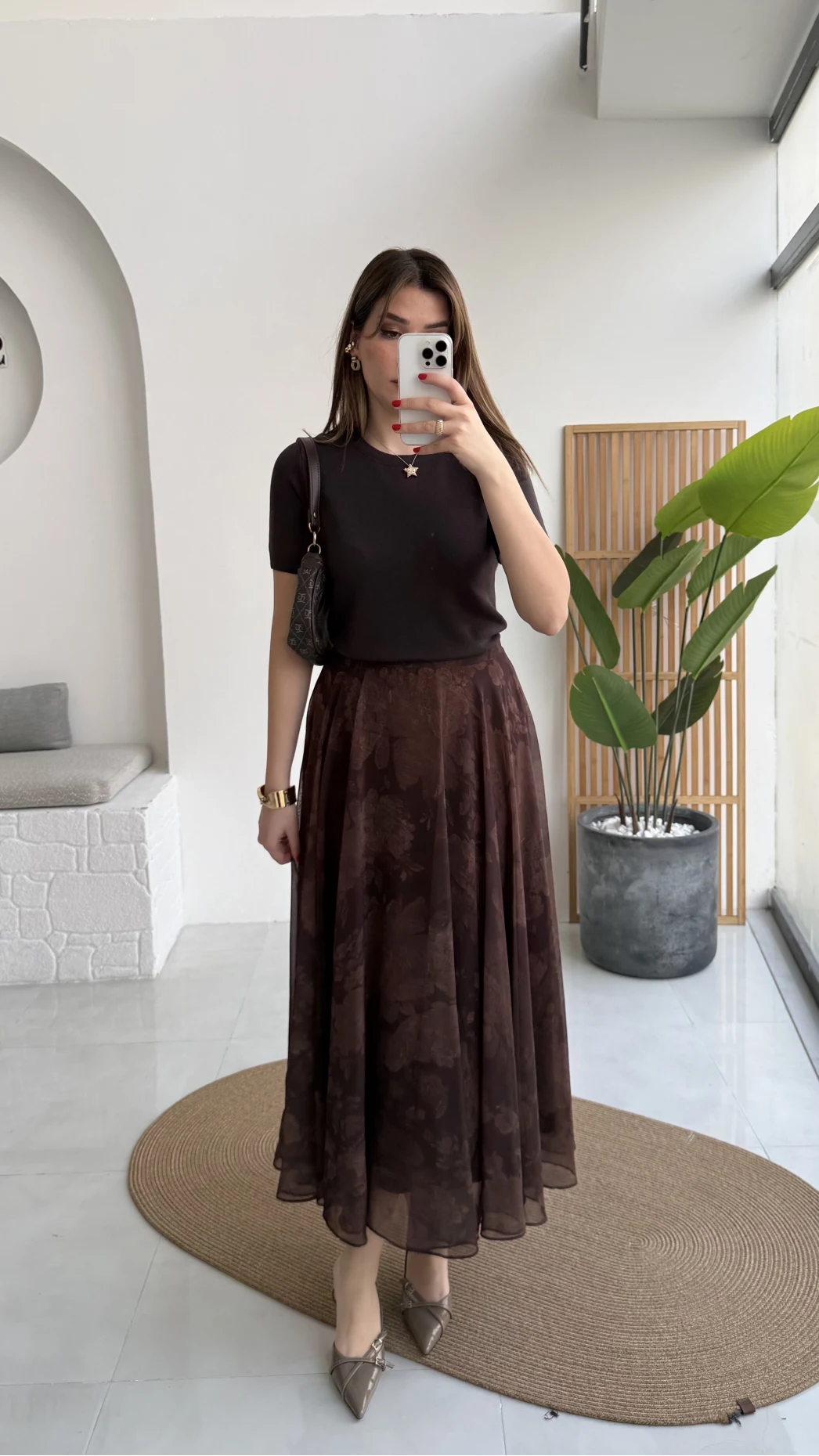 Çiçek Desenli Astarlı Tül Etek - Kahverengi