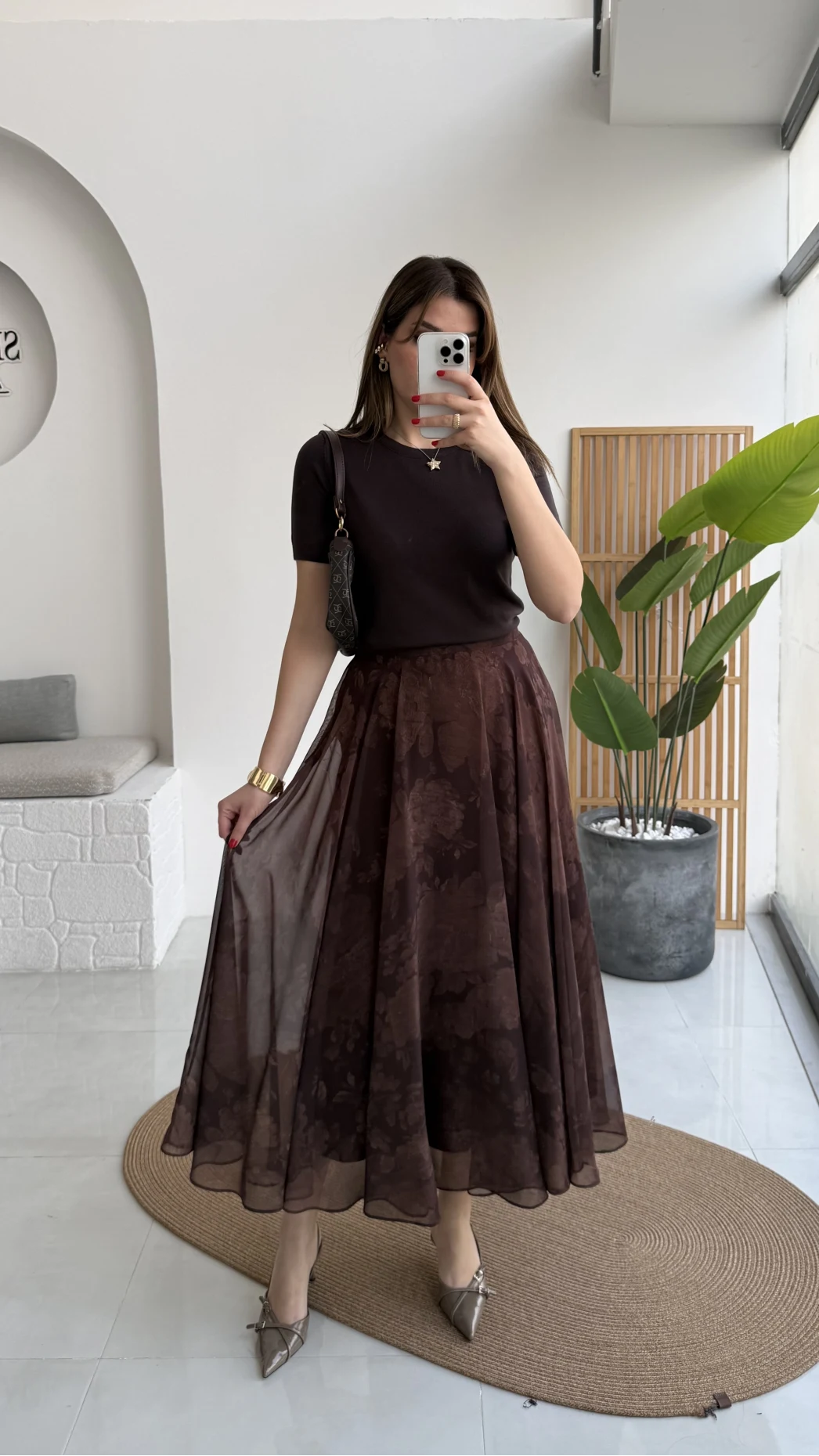 Çiçek Desenli Astarlı Tül Etek - Kahverengi