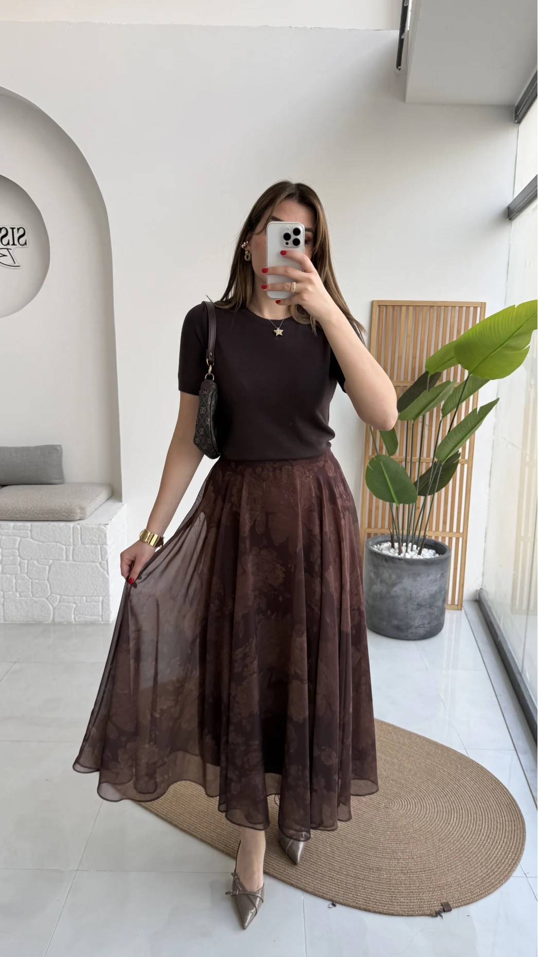 Çiçek Desenli Astarlı Tül Etek - Kahverengi