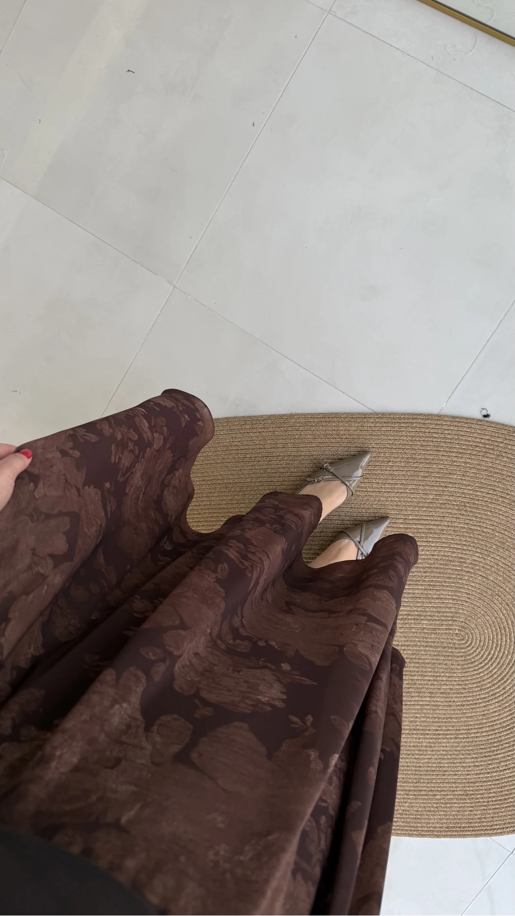 Çiçek Desenli Astarlı Tül Etek - Kahverengi