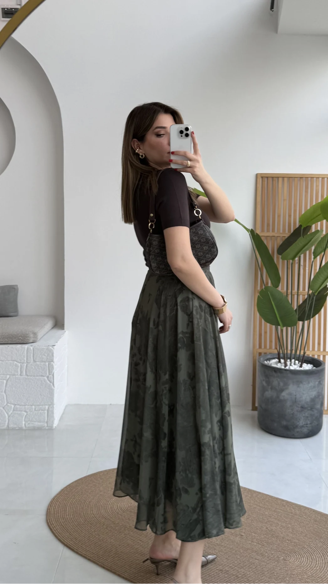 Çiçek Desenli Astarlı Tül Etek - Haki