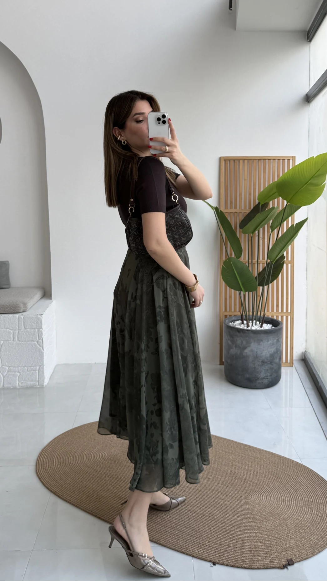 Çiçek Desenli Astarlı Tül Etek - Haki