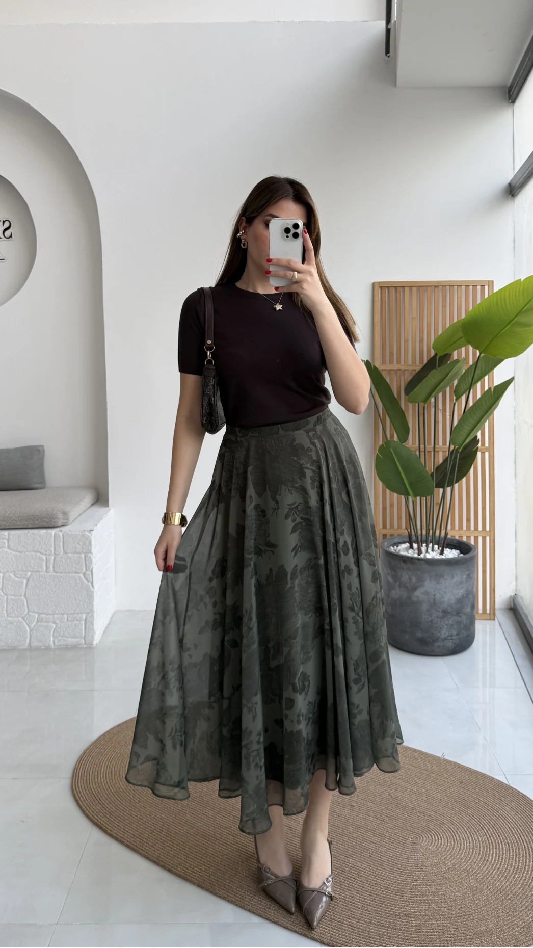 Çiçek Desenli Astarlı Tül Etek - Haki